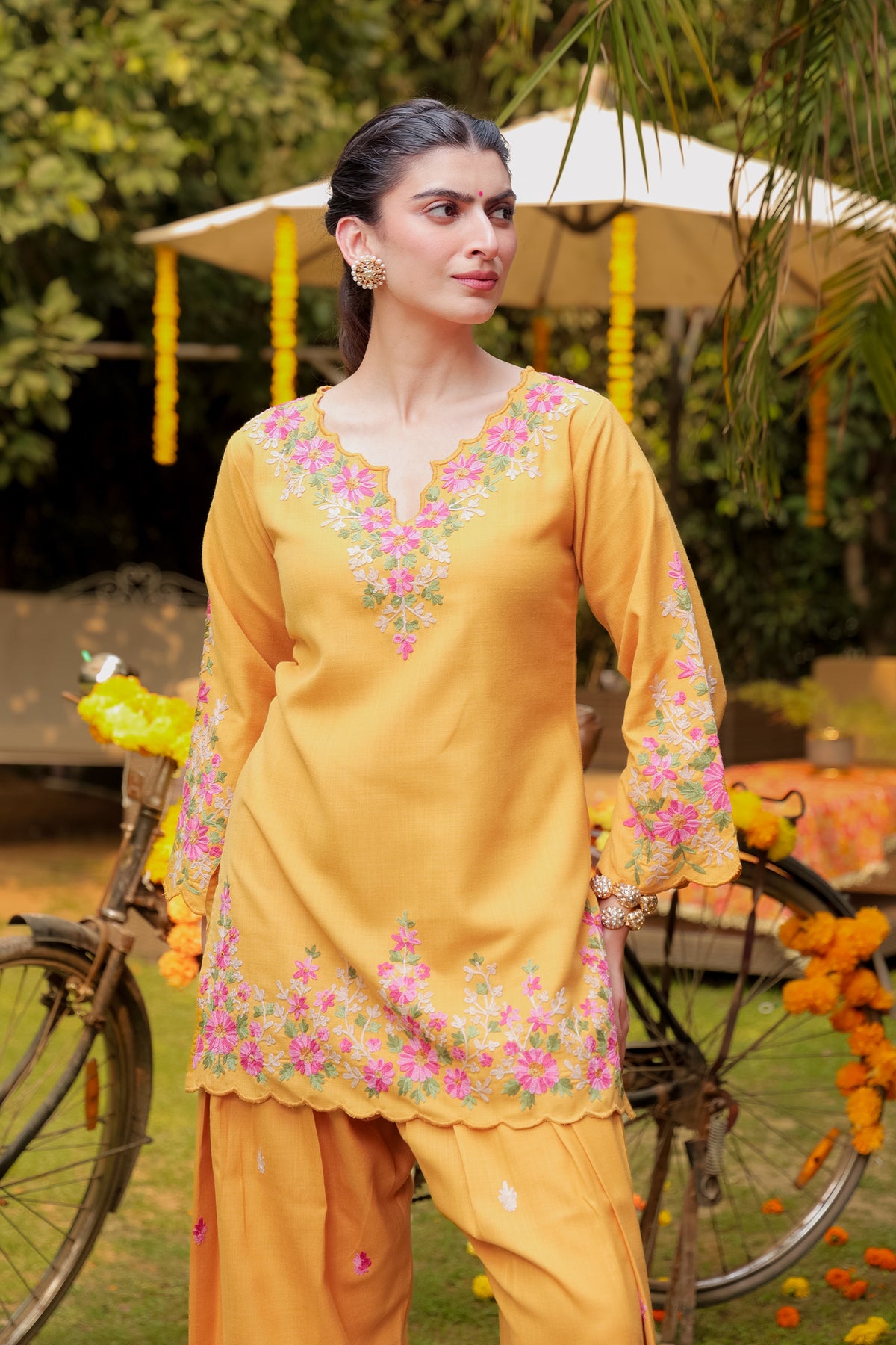 Kashmiri Aari Laser-Cut Ruby Cotton Farsi Kurta Set in Mustard Yellow