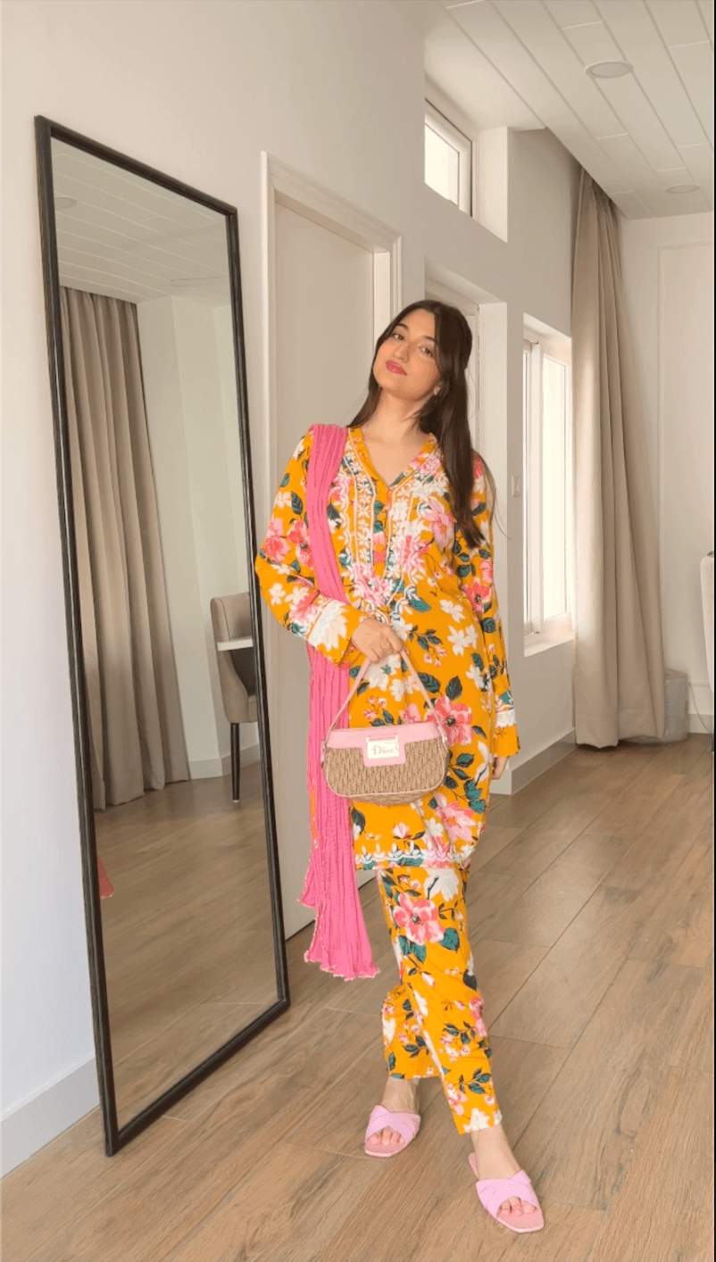 Farheen in Samma Chikankari Co-ord set in Printed Rayon Cotton for Women- Yellow - House Of Kari (Chikankari Clothing)