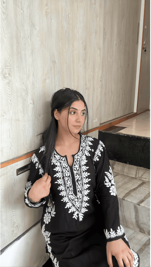 Aditi in HOK Chikankari Long Kurta in Rayon Cotton for Women- Black - House Of Kari (Chikankari Clothing)