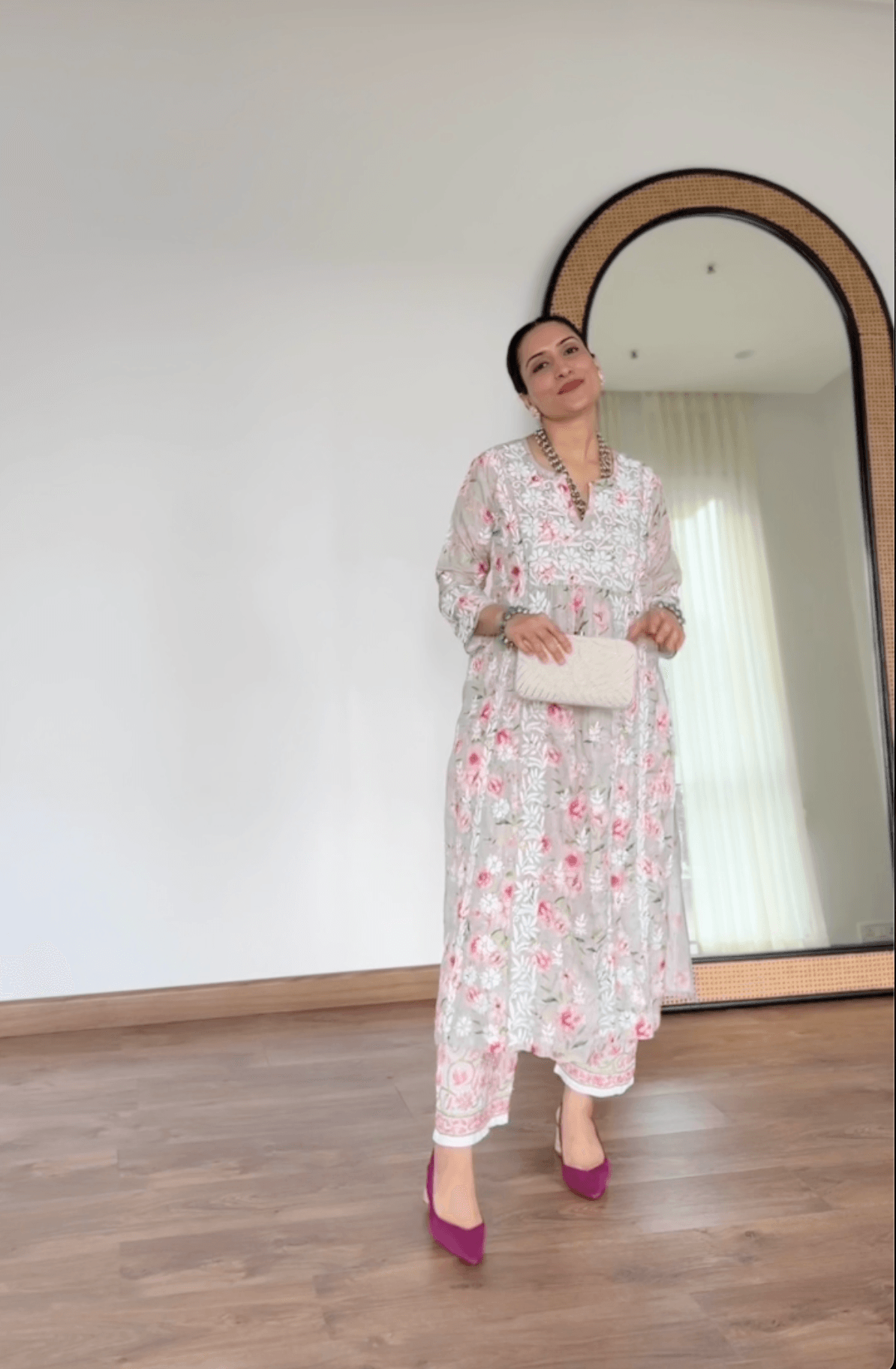 Urmi in Fizaa Chikankari Long Kurta in Muslin Cotton for Women- Grey Print - House Of Kari (Chikankari Clothing)