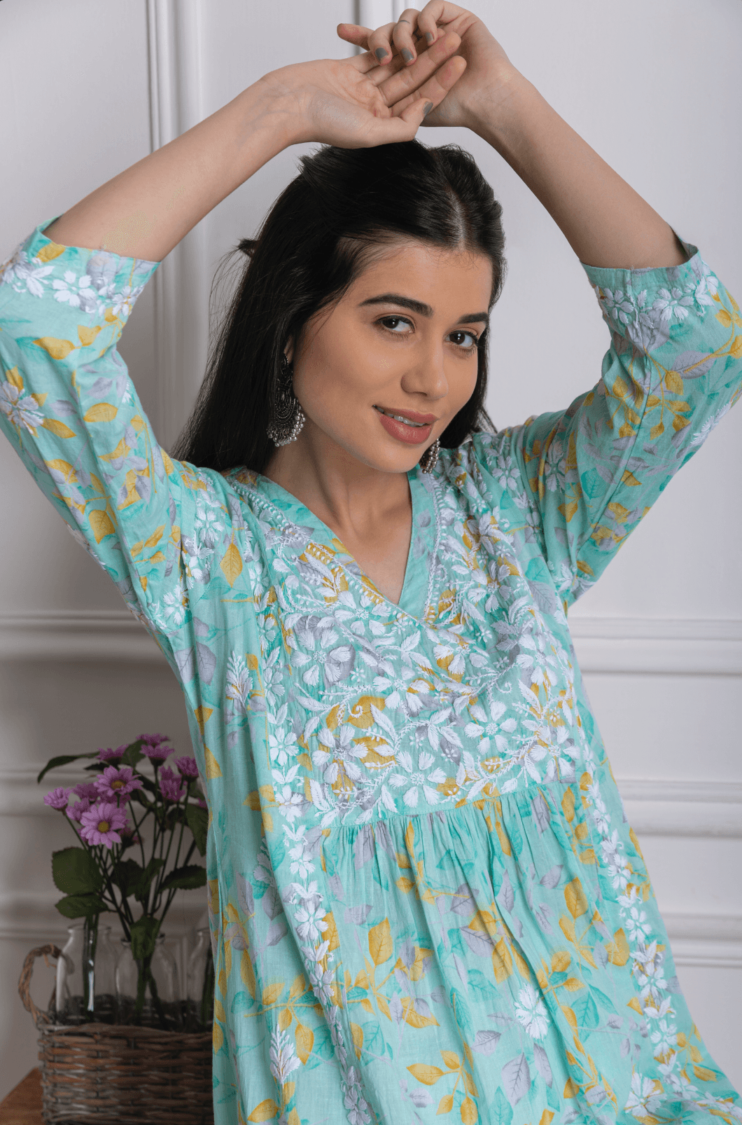 Fizaa Chikankari Long Kurta in Mul Cotton for Women-Sea Green - House Of Kari (Chikankari Clothing)