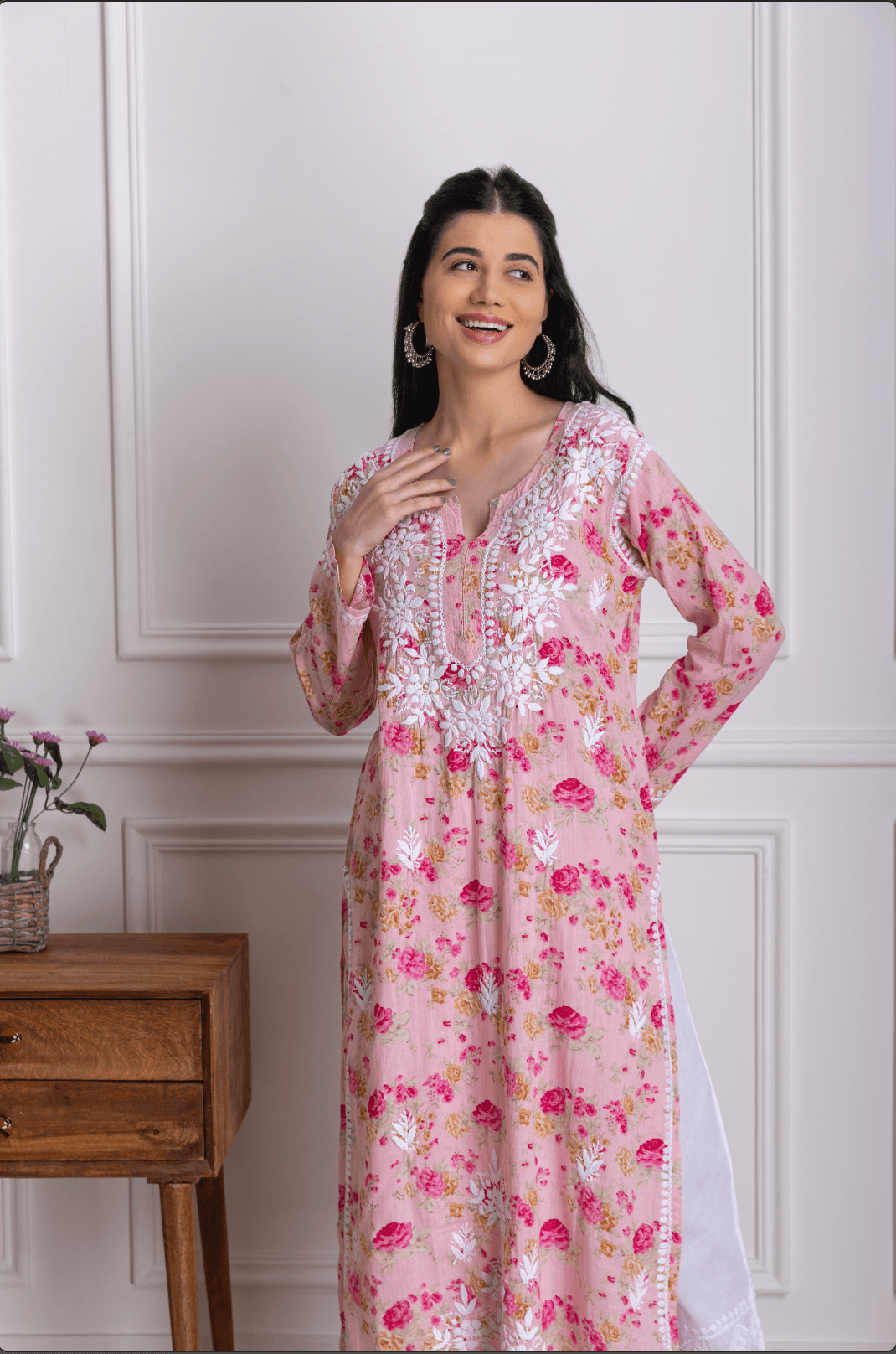 Fizaa Mul Printed Hand Embroidery Chikankari Kurta- Pink - House Of Kari (Chikankari Clothing)
