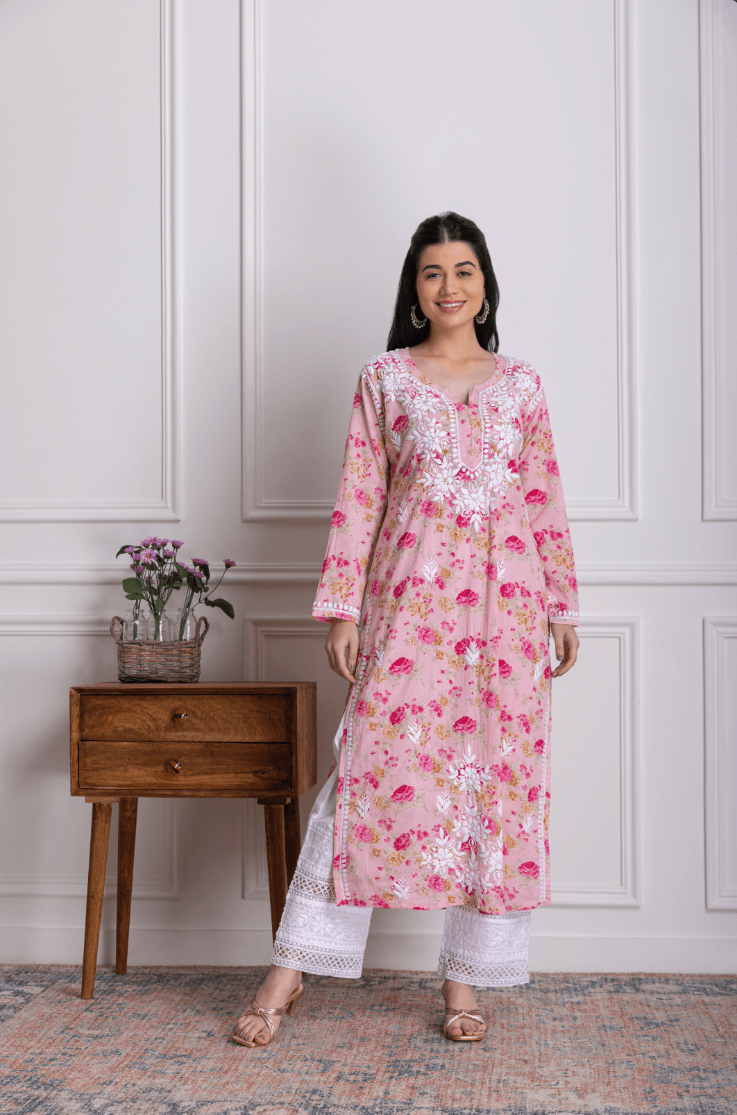 Fizaa Mul Printed Hand Embroidery Chikankari Kurta- Pink - House Of Kari (Chikankari Clothing)