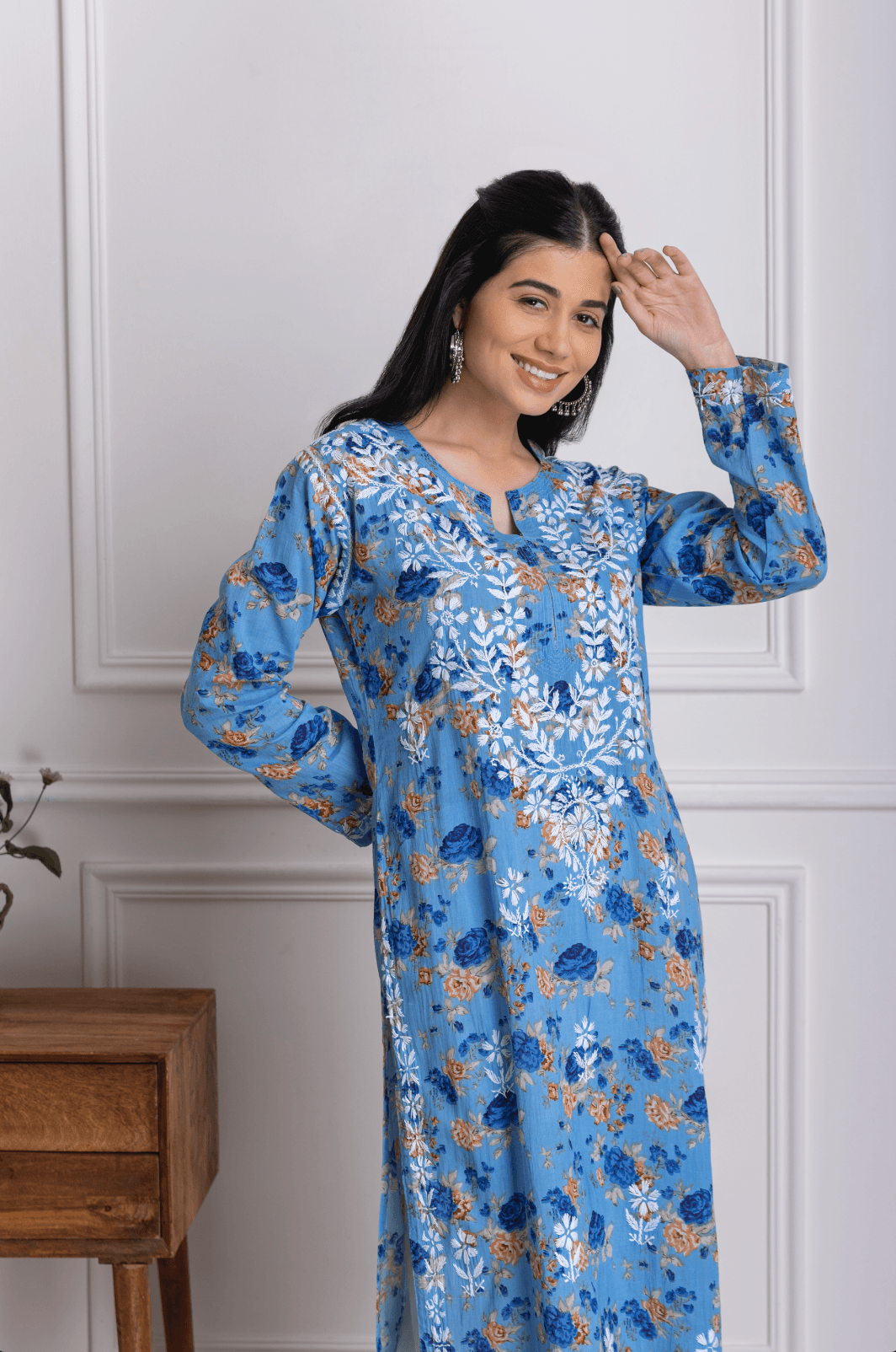 Fizaa Mul Printed Hand Embroidery Chikankari Kurta- Blue - House Of Kari (Chikankari Clothing)