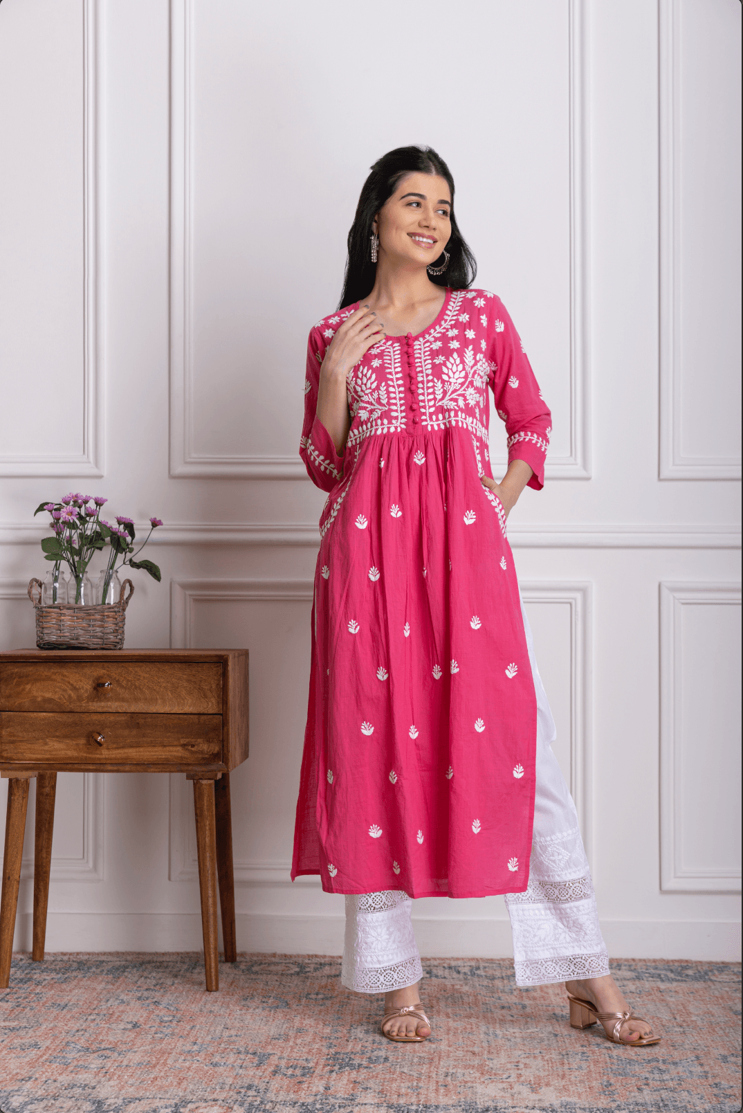 Fizaa Chikankari Kurti for Women With Pocket - Pink - House Of Kari (Chikankari Clothing)