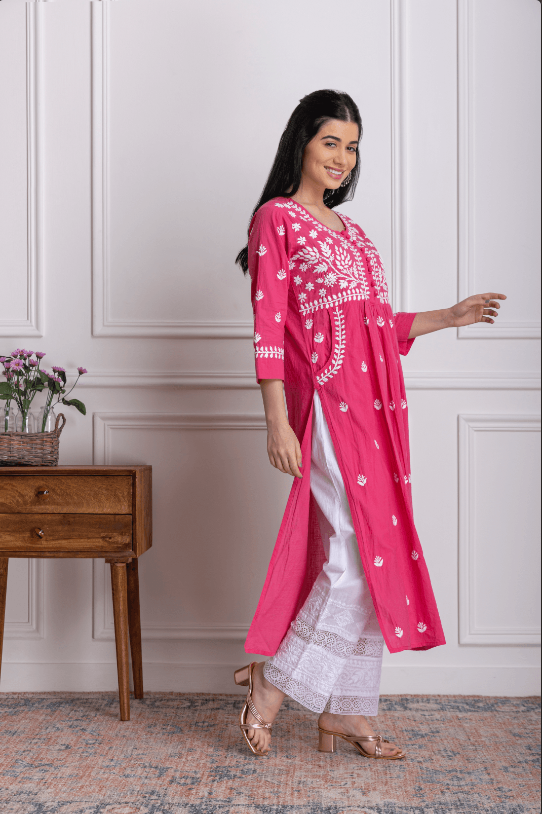 Fizaa Chikankari Kurti for Women With Pocket - Pink - House Of Kari (Chikankari Clothing)