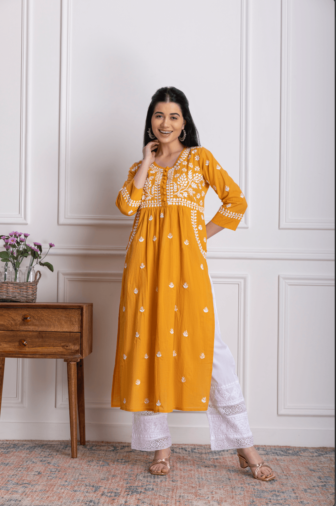 Fizaa Chikankari Kurti for Women With Pocket - Mustard - House Of Kari (Chikankari Clothing)
