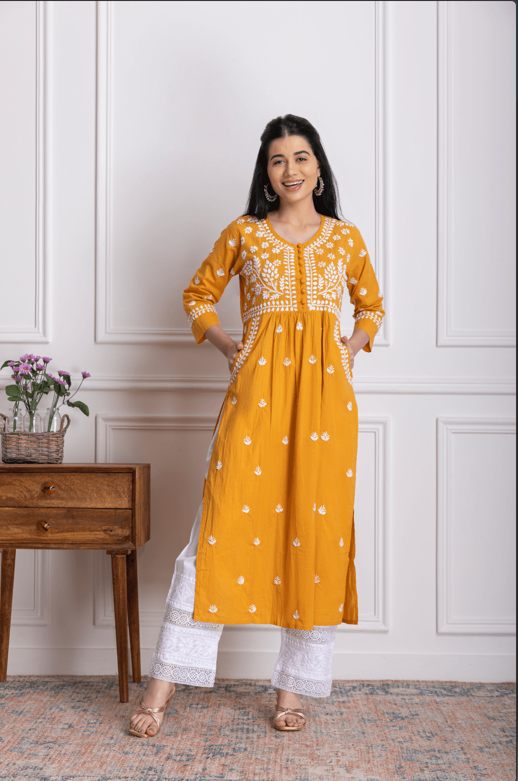 Fizaa Chikankari Kurti for Women With Pocket - Mustard - House Of Kari (Chikankari Clothing)