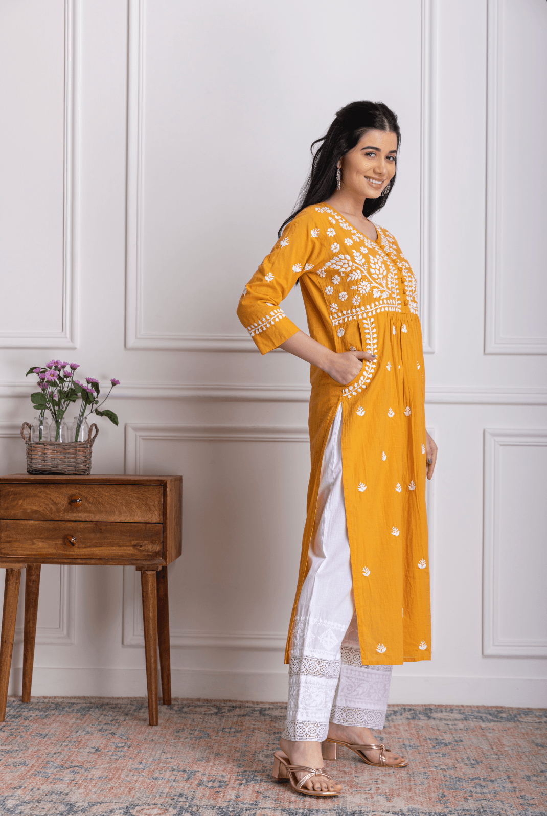 Fizaa Chikankari Kurti for Women With Pocket - Mustard - House Of Kari (Chikankari Clothing)
