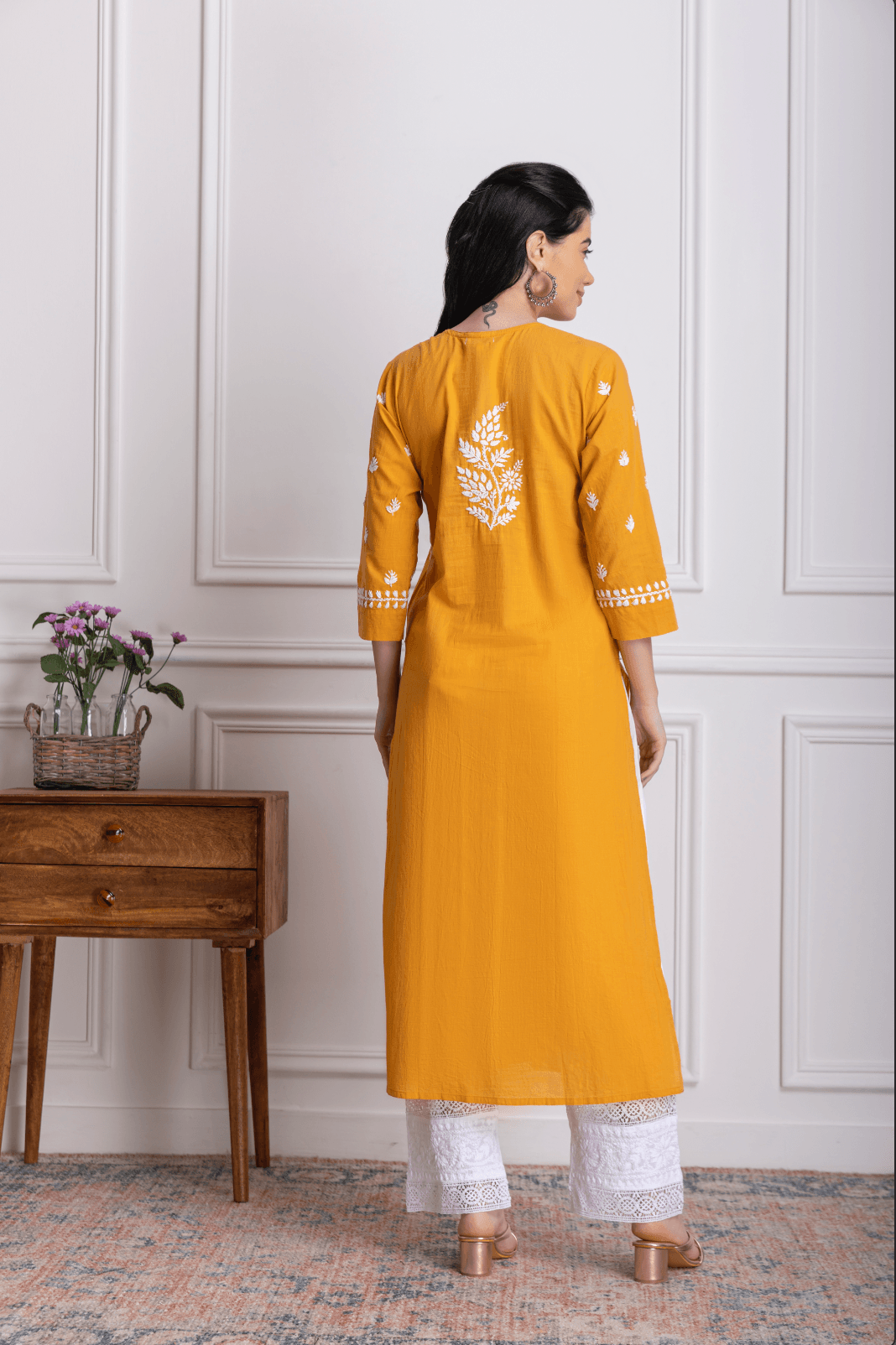 Fizaa Chikankari Kurti for Women With Pocket - Mustard - House Of Kari (Chikankari Clothing)