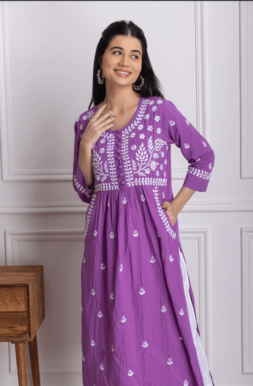 Fizaa Chikankari Kurti for Women With Pocket - Purple - House Of Kari (Chikankari Clothing)