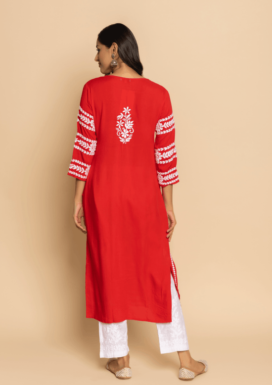 Fizaa in Chikankari Long Kurta in Rayon Cotton for Women- Red - House Of Kari (Chikankari Clothing)