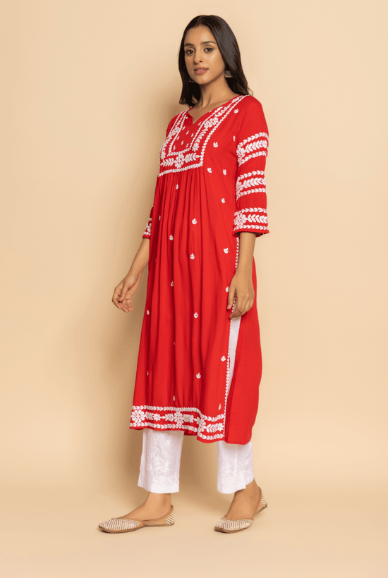 Fizaa in Chikankari Long Kurta in Rayon Cotton for Women- Red - House Of Kari (Chikankari Clothing)
