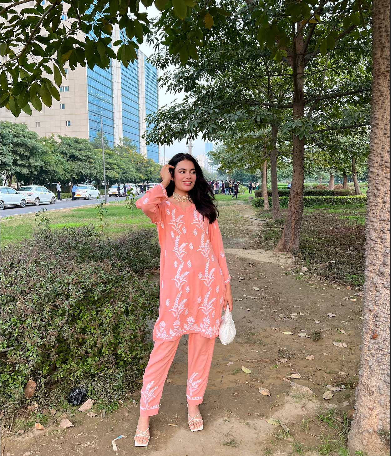 Srishti Rana Fizaa Chikankari Short Modal Kurta Set - Peach