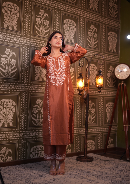 Kajal in Silk Chikankari Kurta Set for Women - Copper Brown