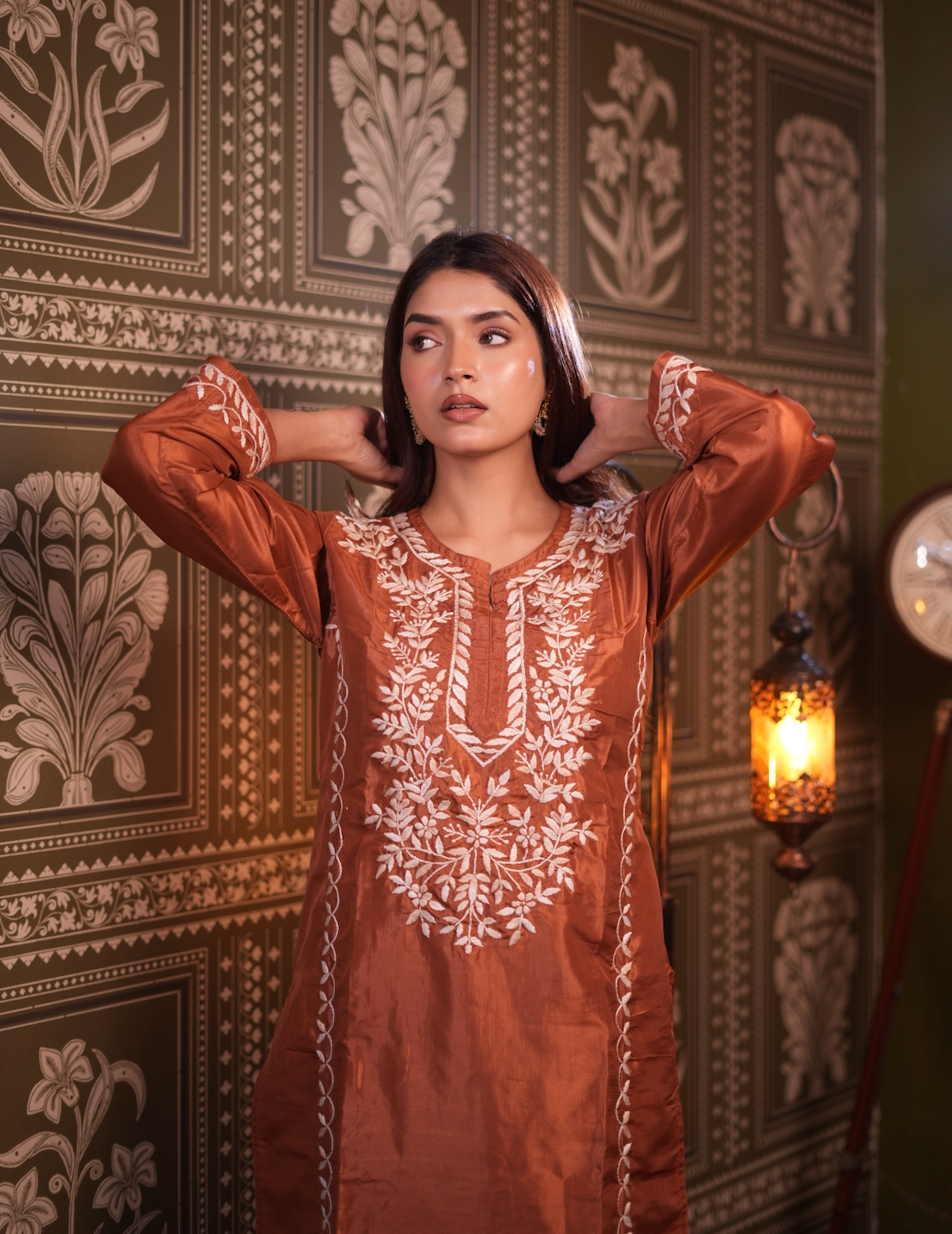 Kajal in Silk Chikankari Kurta Set for Women - Copper Brown