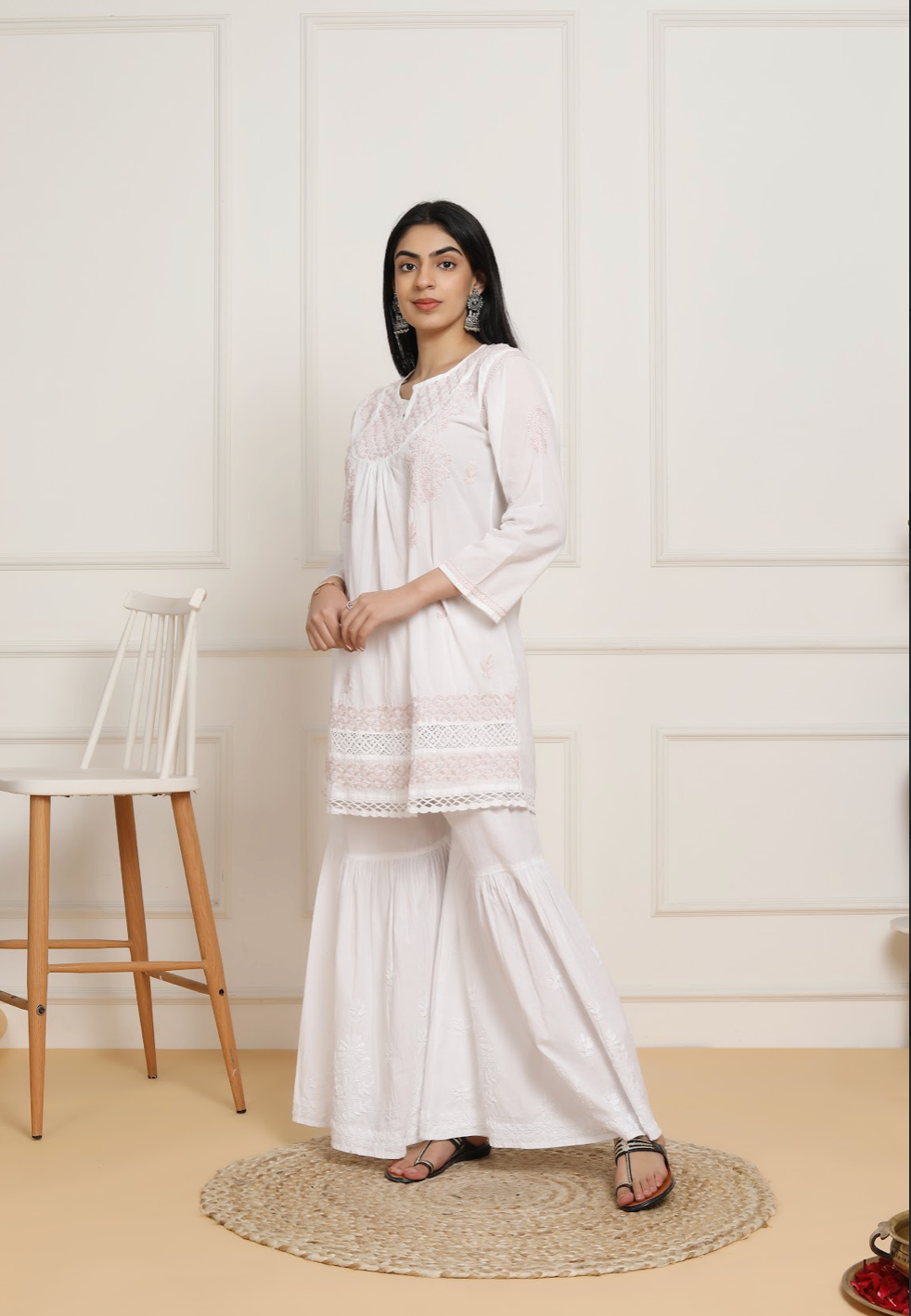 Saba Chikankari shirt kurta in cotton - White with Peach