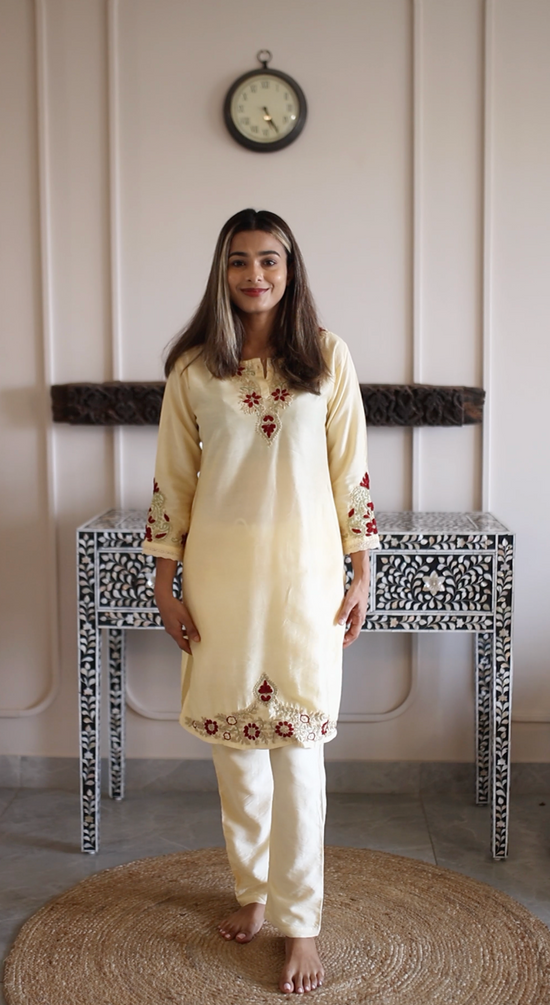 Rimple in Fizaa's Chikankari Chanderi Silk Kurta Set for Women - Beige
