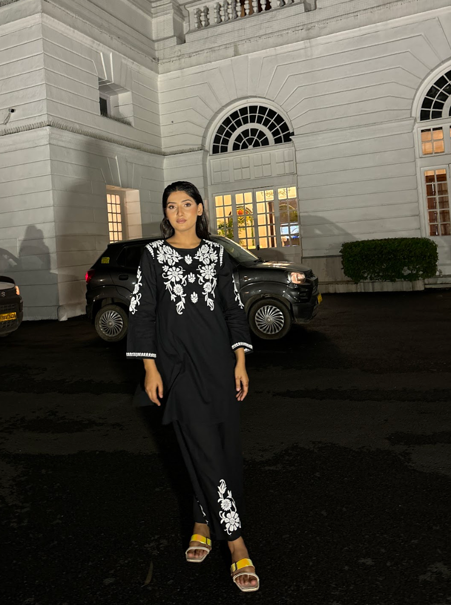 FIZA in Saba Chikankari Co-ord Set in Cotton Cambric - Black With White
