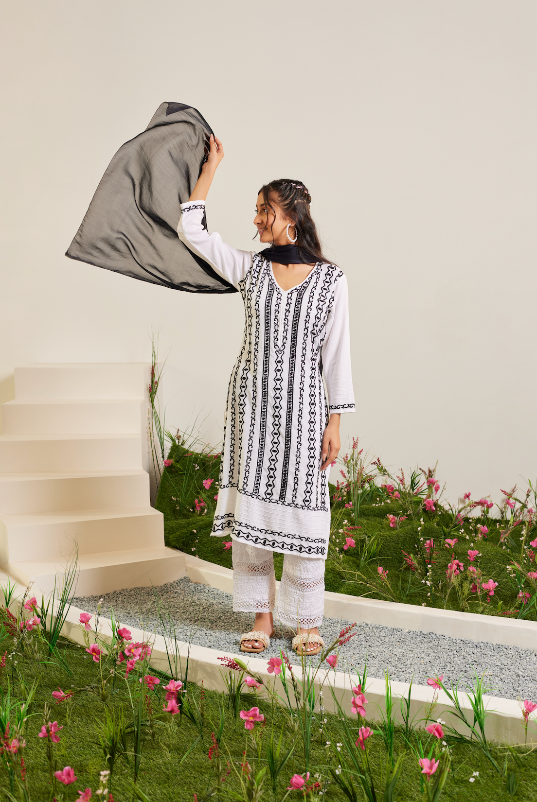 Samma Chikankari Long Kurta in Rayon Cotton for Women- White With Black