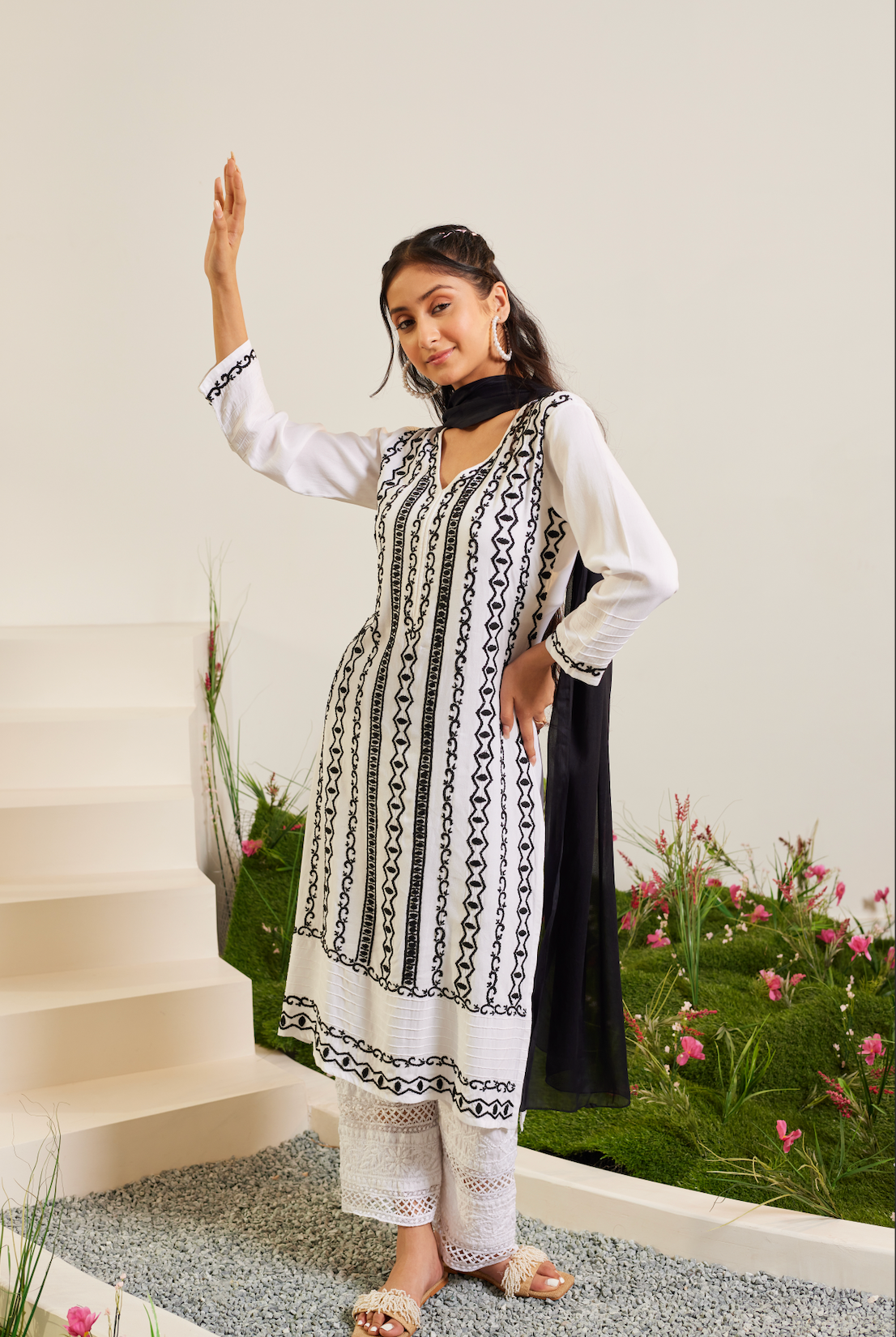 Samma Chikankari Long Kurta in Rayon Cotton for Women- White With Black
