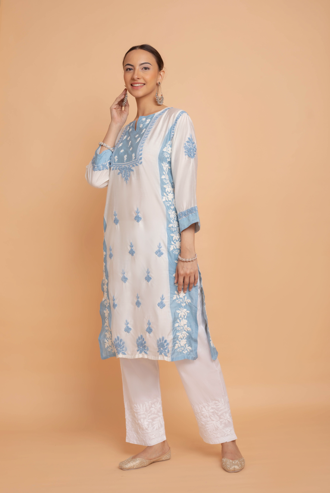 Saba Chikankari kurta in Chanderi Silk - White With Blue