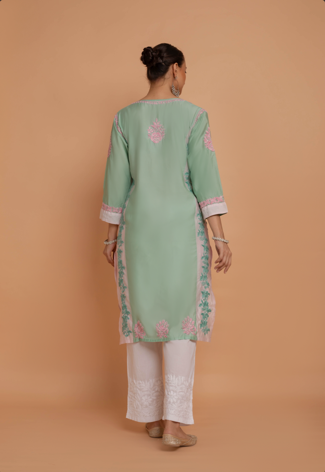 Saba Chikankari kurta in Chanderi Silk - Sea Green With Pink