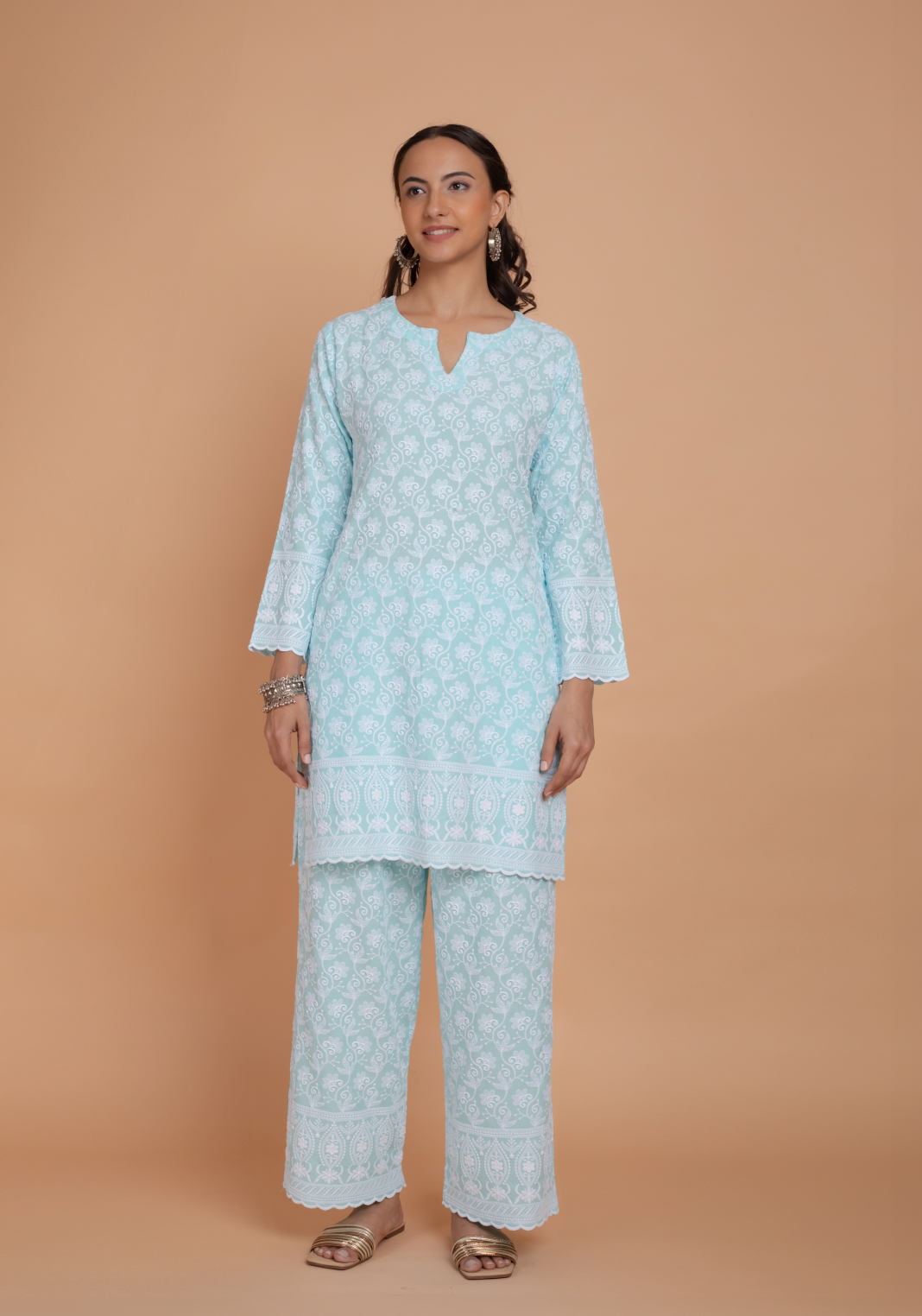 Saba Chikankari Kurta Set in Rayon - Sky Blue