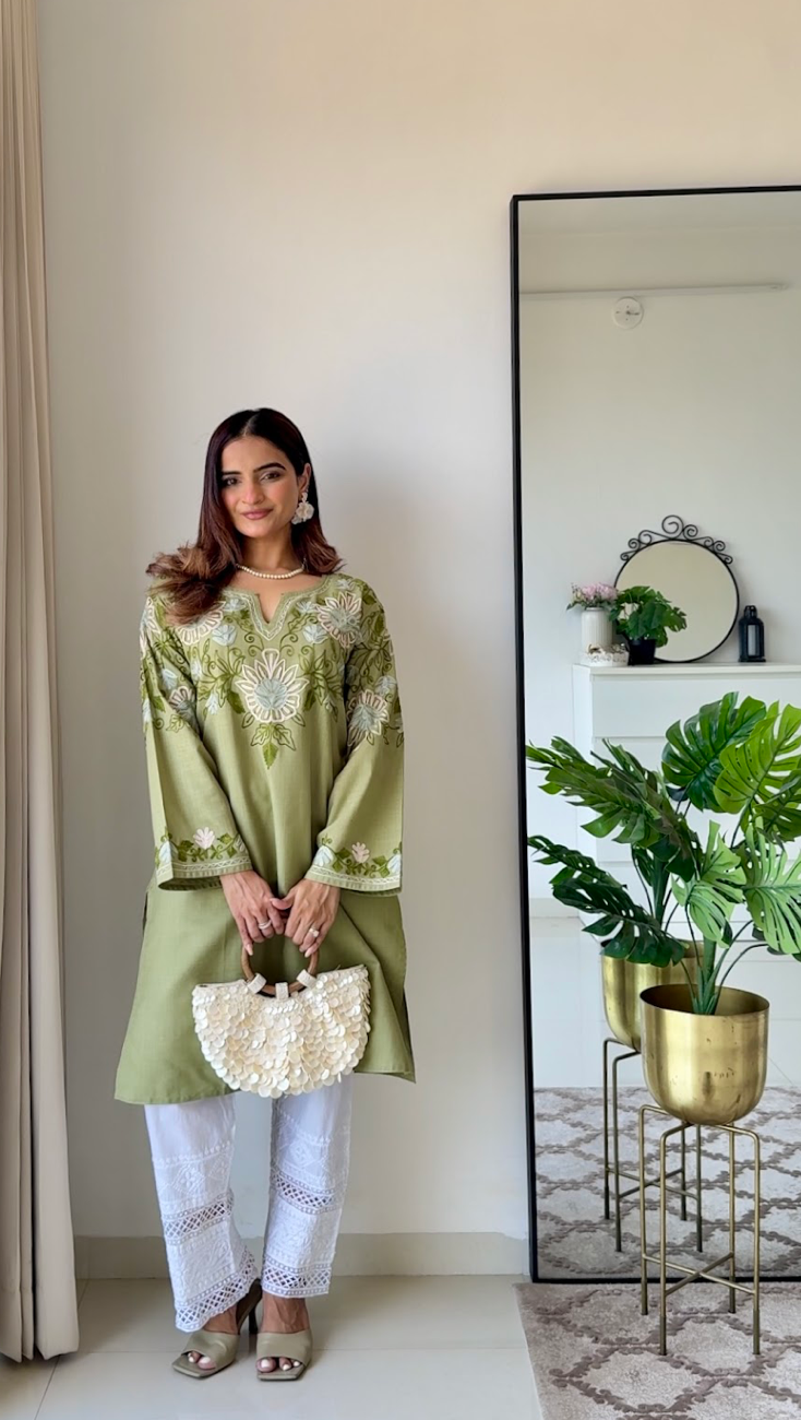 Mauli in Kashmiri Aari Work Cotton Medium Kurta – Bottle Green