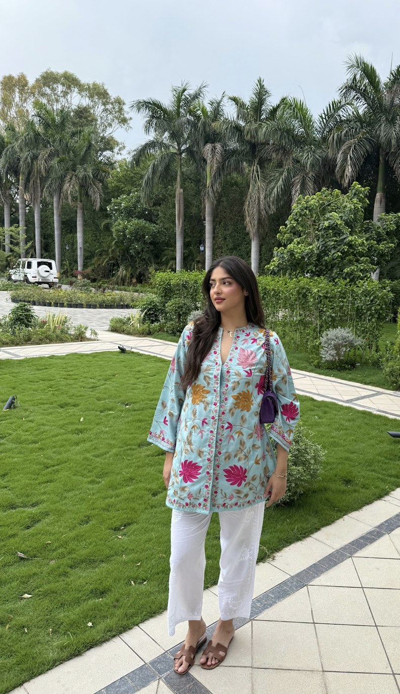 Pralambika in Kashmiri Aari Work Cotton Kurta Jacket – Sky Blue
