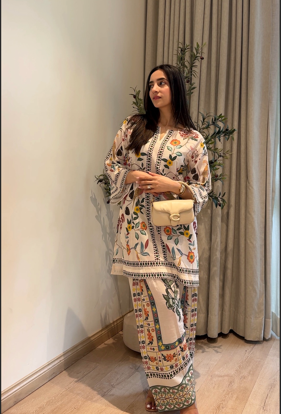 Aishani in Lawn Cotton Co-ord Set - Off White with Bird and Floral Print with Farsi Pant