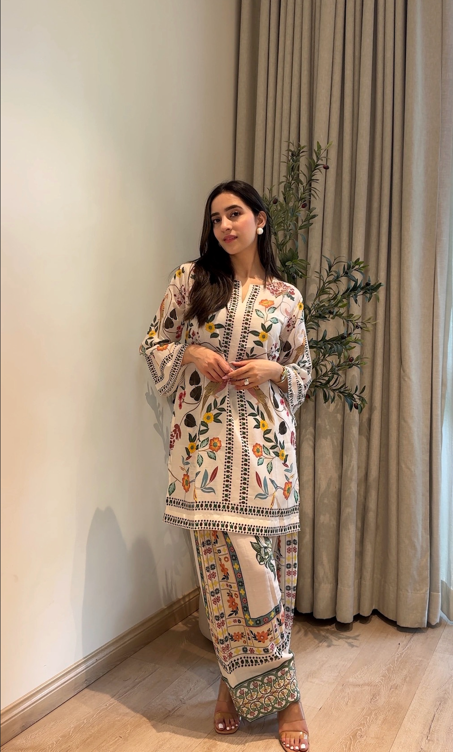 Aishani in Lawn Cotton Co-ord Set - Off White with Bird and Floral Print with Farsi Pant