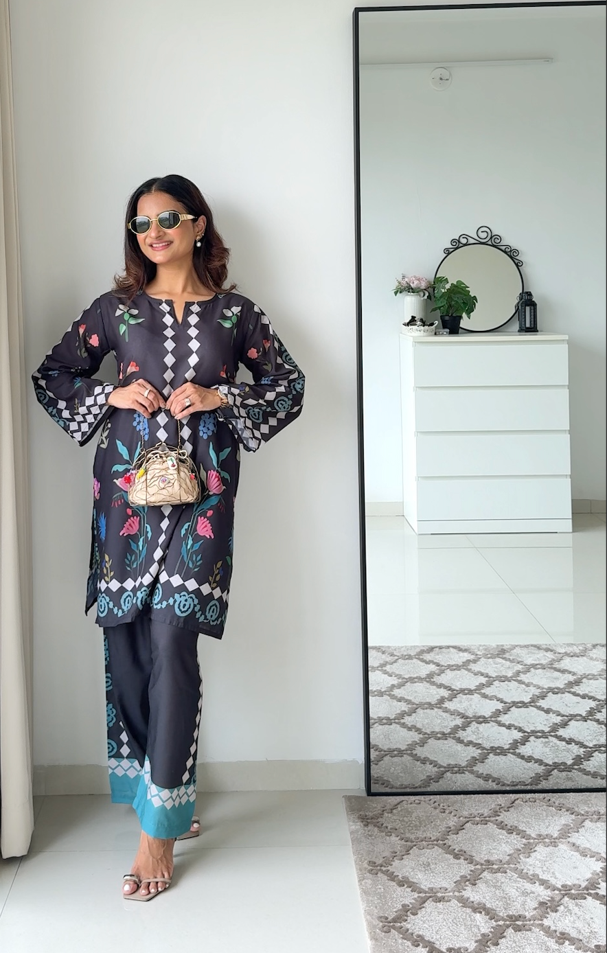 Mauli in Lawn Cotton Printkari Co-ord Set - Black Print With Straight pant