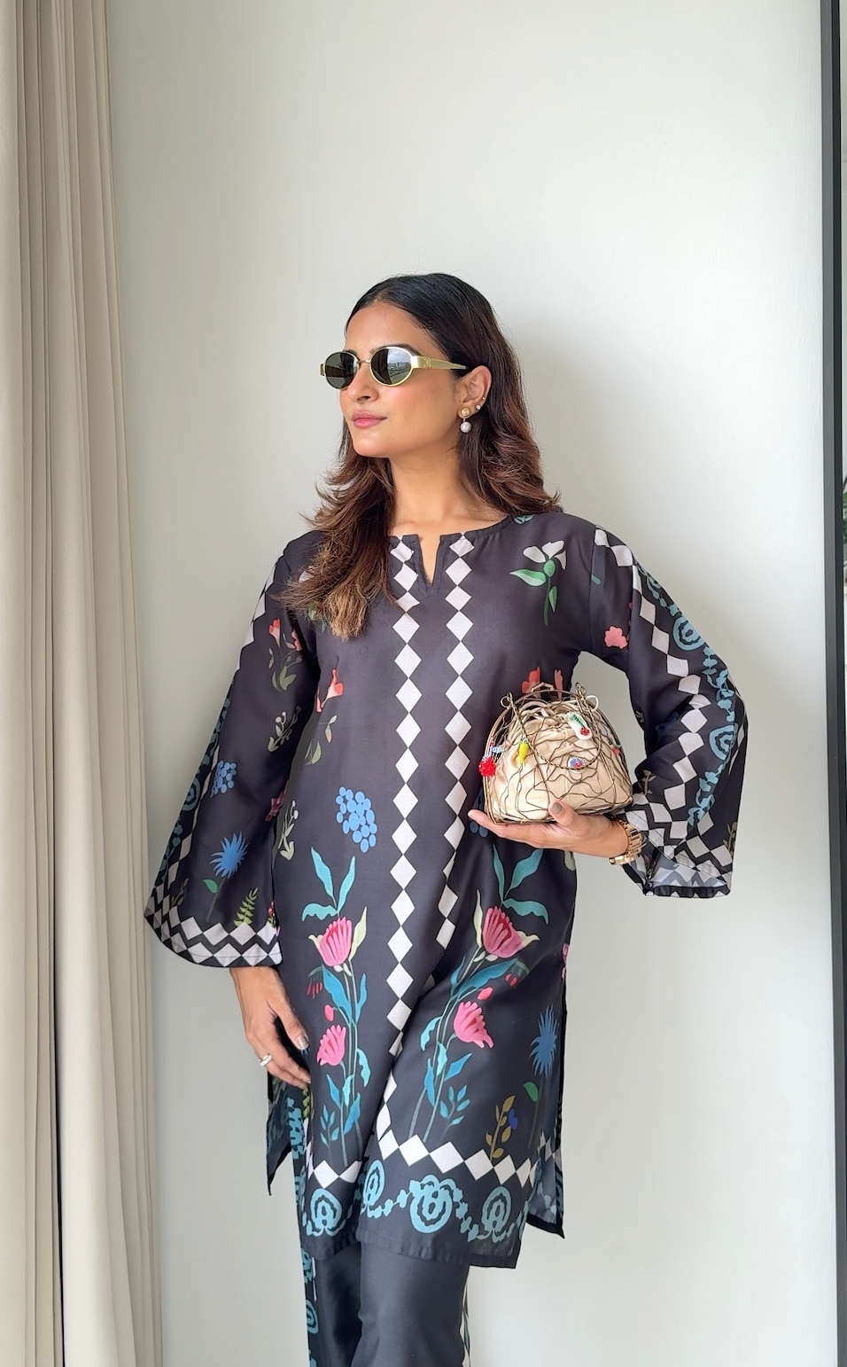 Mauli in Lawn Cotton Printkari Co-ord Set - Black Print With Straight pant