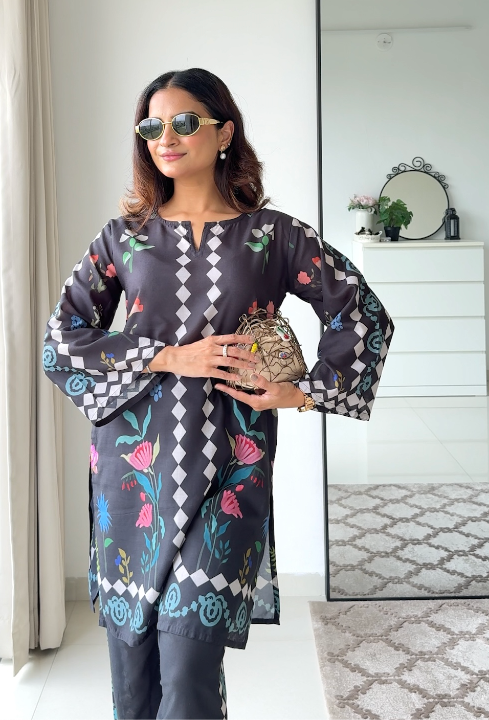 Mauli in Lawn Cotton Printkari Co-ord Set - Black Print With Straight pant