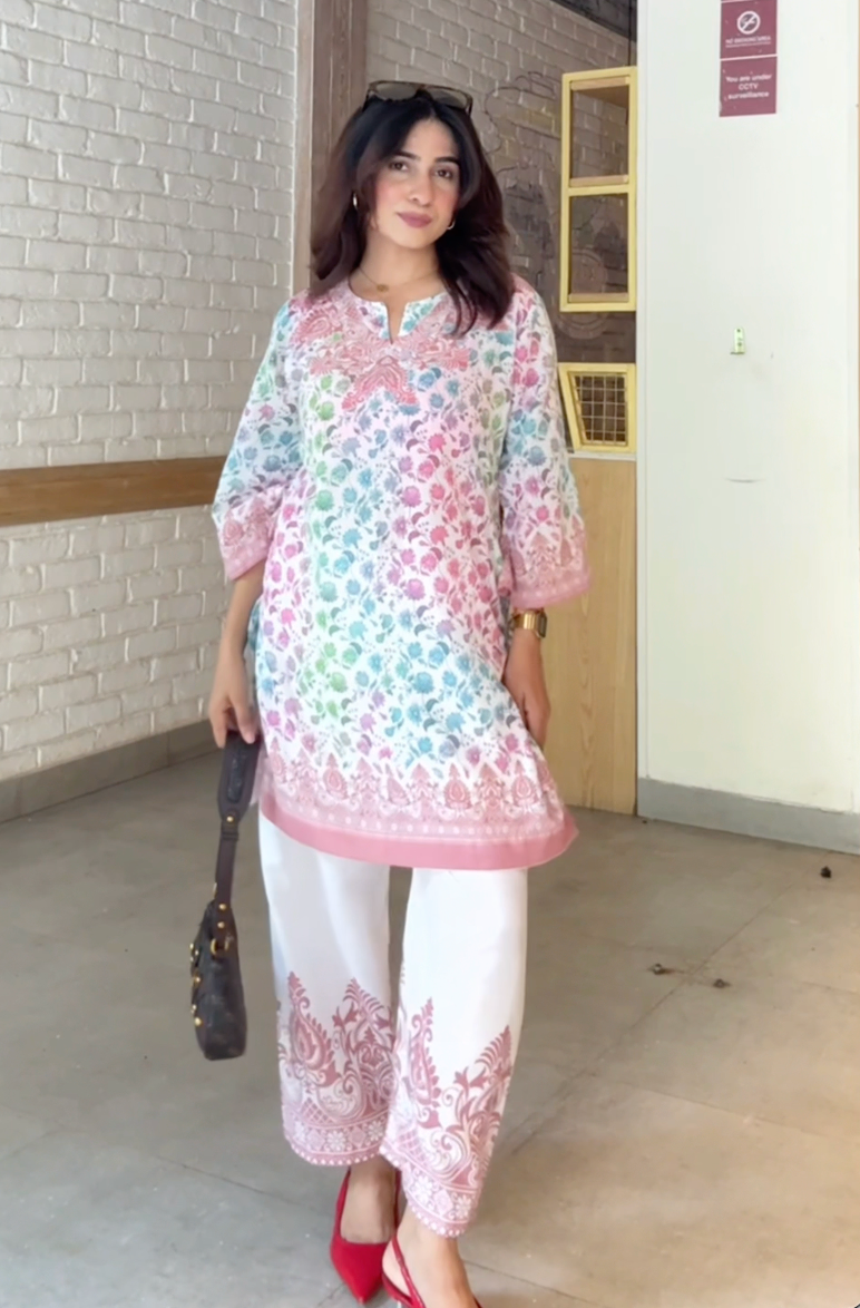 Shivani in Lawn Cotton Printkari Co-ord Set – White Multicolor With Straight pant