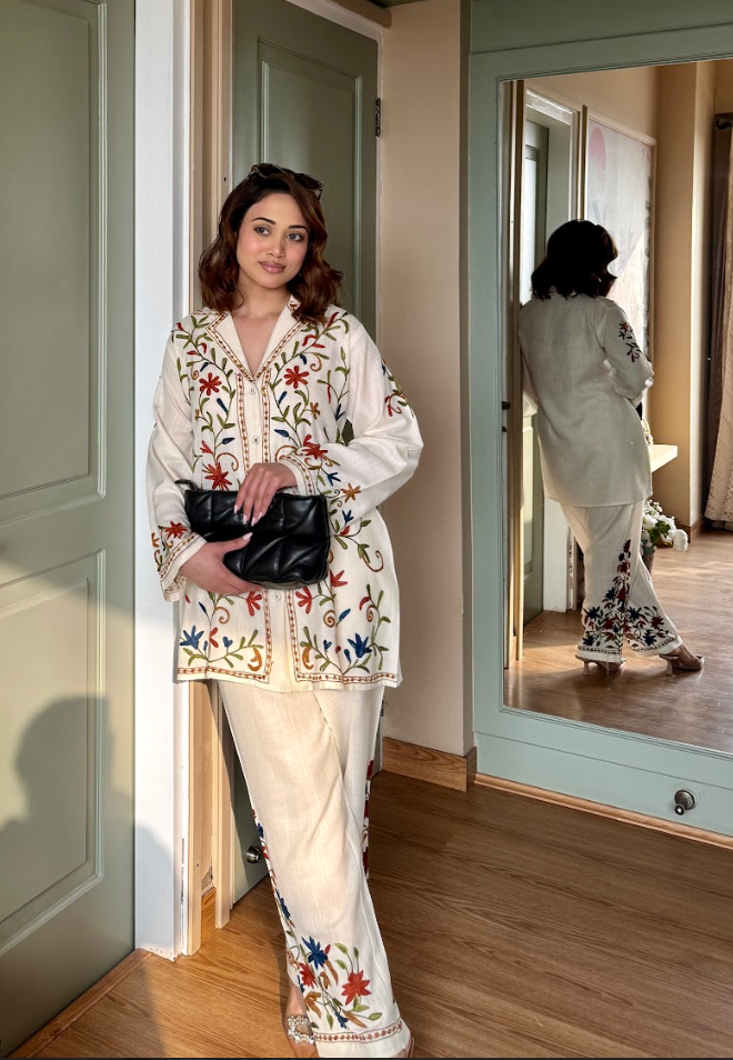 Ishita sandhu in Cotton Kashmiri Aari Embroidered Kurta Set - Ivory
