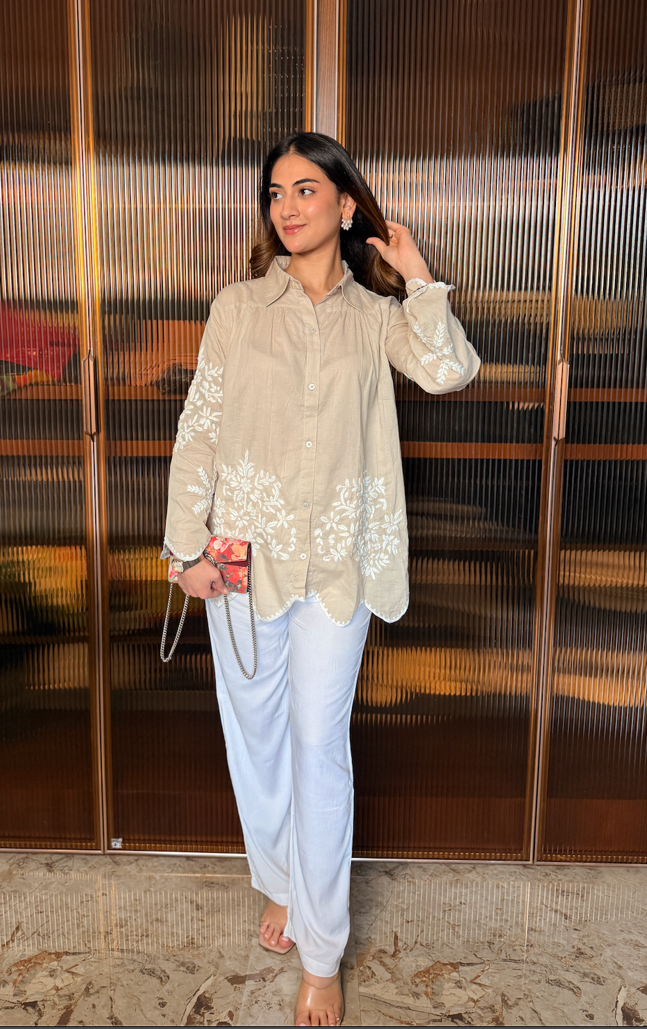 Shivami in Slub Cotton Chikankari Shirt - Beige with white