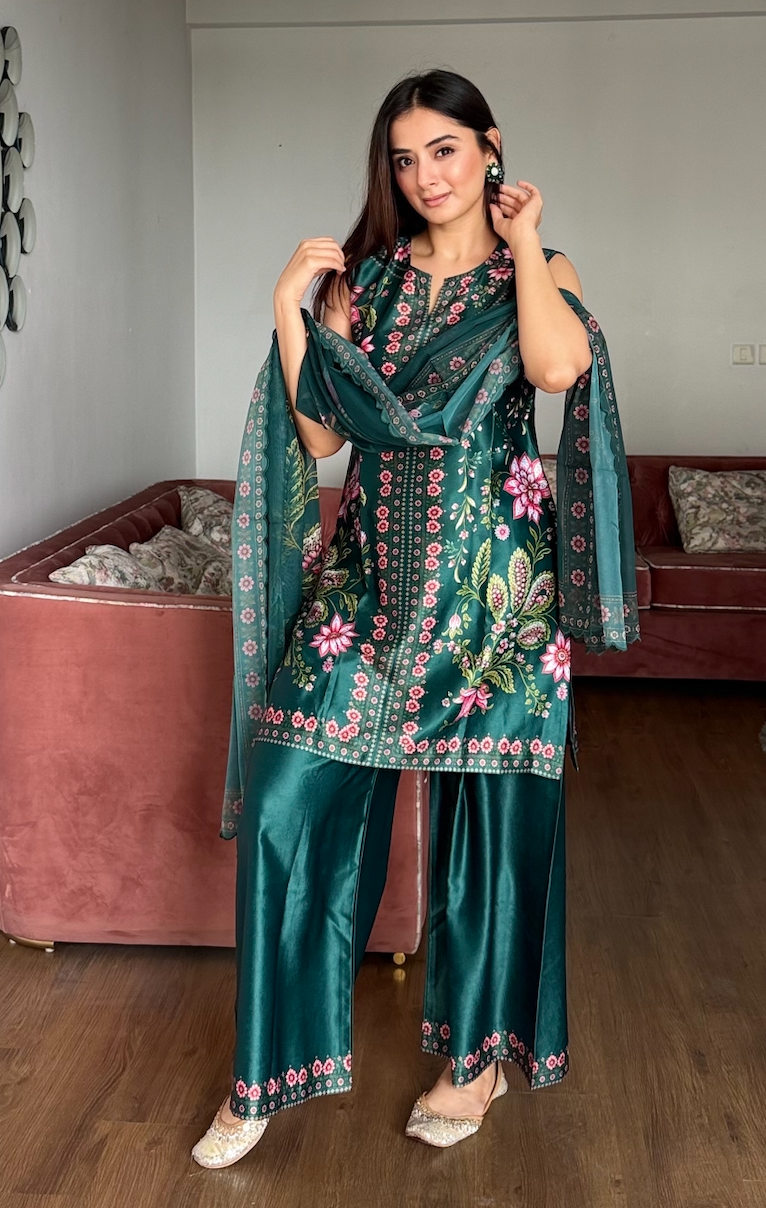 Evneet in Floral Printed Cupro Silk Co-ord Set in Deep Green