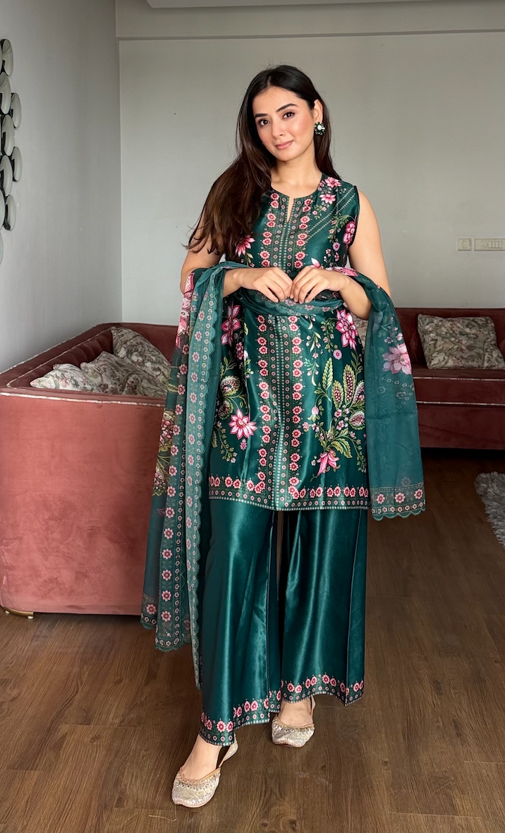Evneet in Floral Printed Cupro Silk Co-ord Set in Deep Green