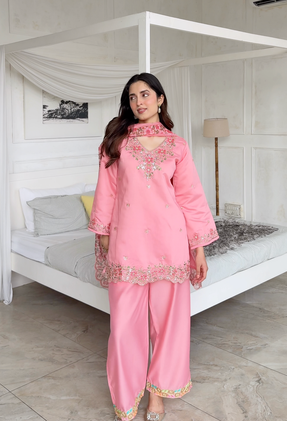 Vanshita in Mix Sequin Sheesha Silk Loose Pant Kurta Set in Pastel Pink