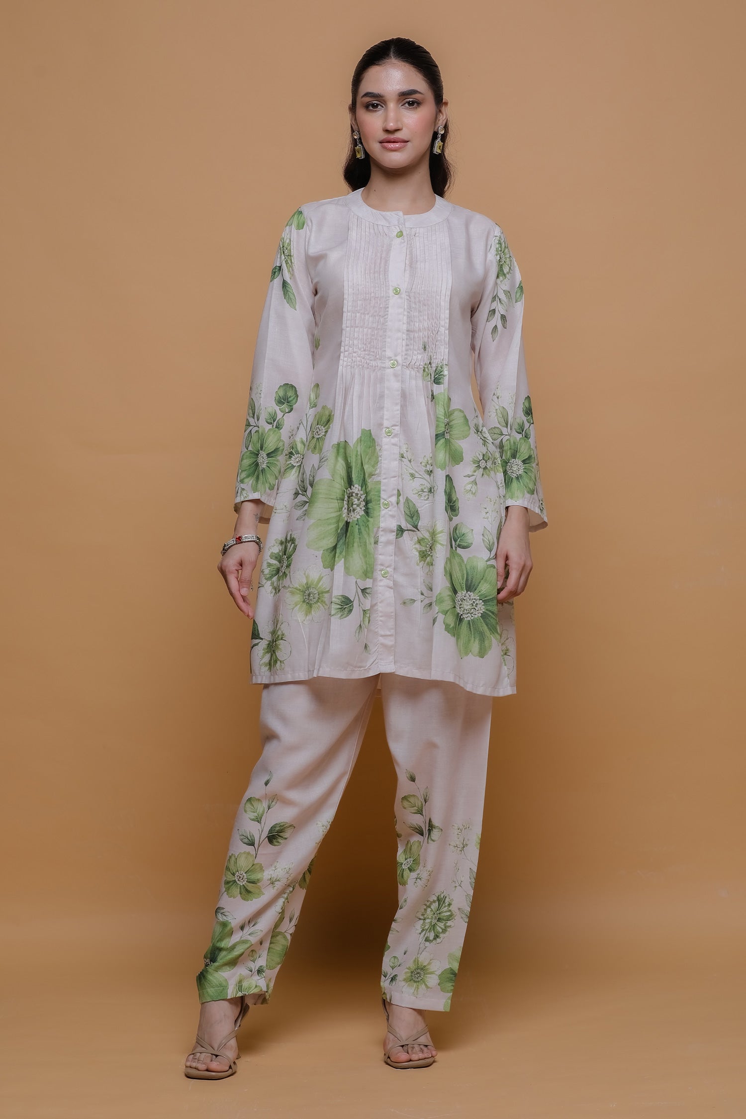 Ivory & Sage Green Printed Lawn Cotton Kurta Set with Straight Pants