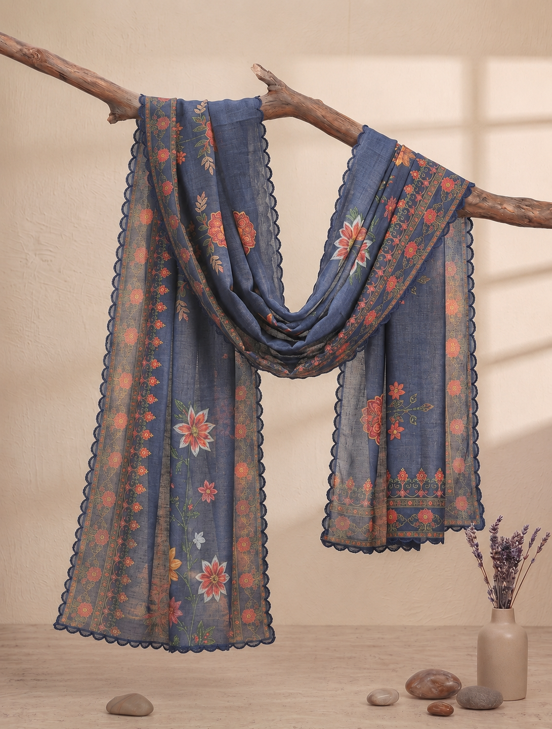 Printed Organza Dupatta in Navy Blue