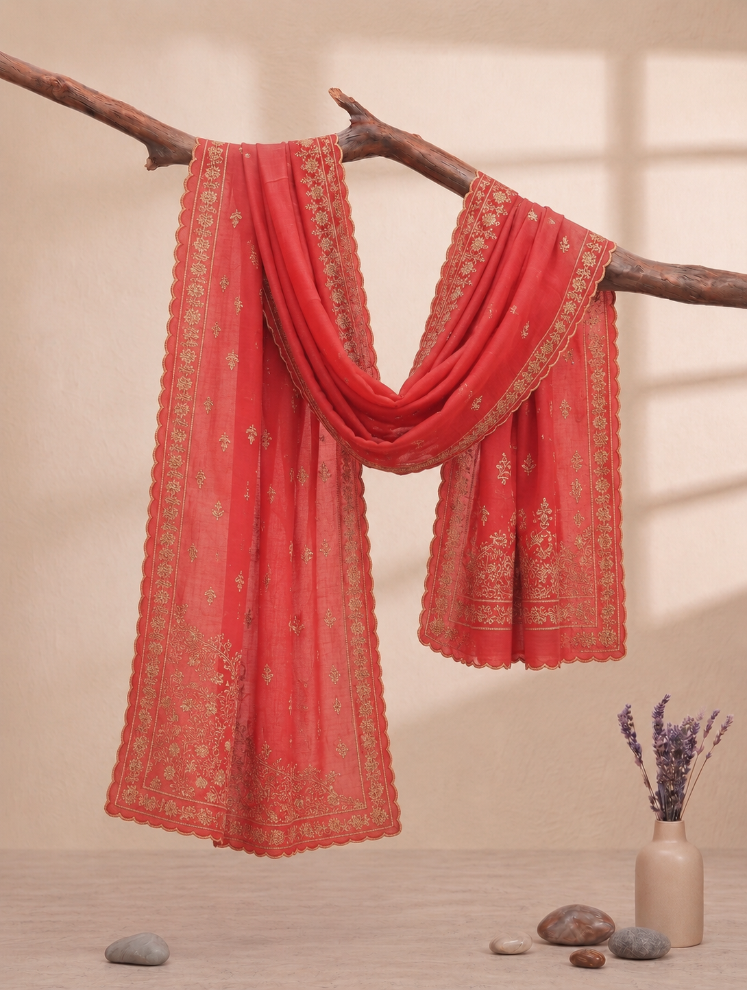 Printed Organza Dupatta in Rani Pink