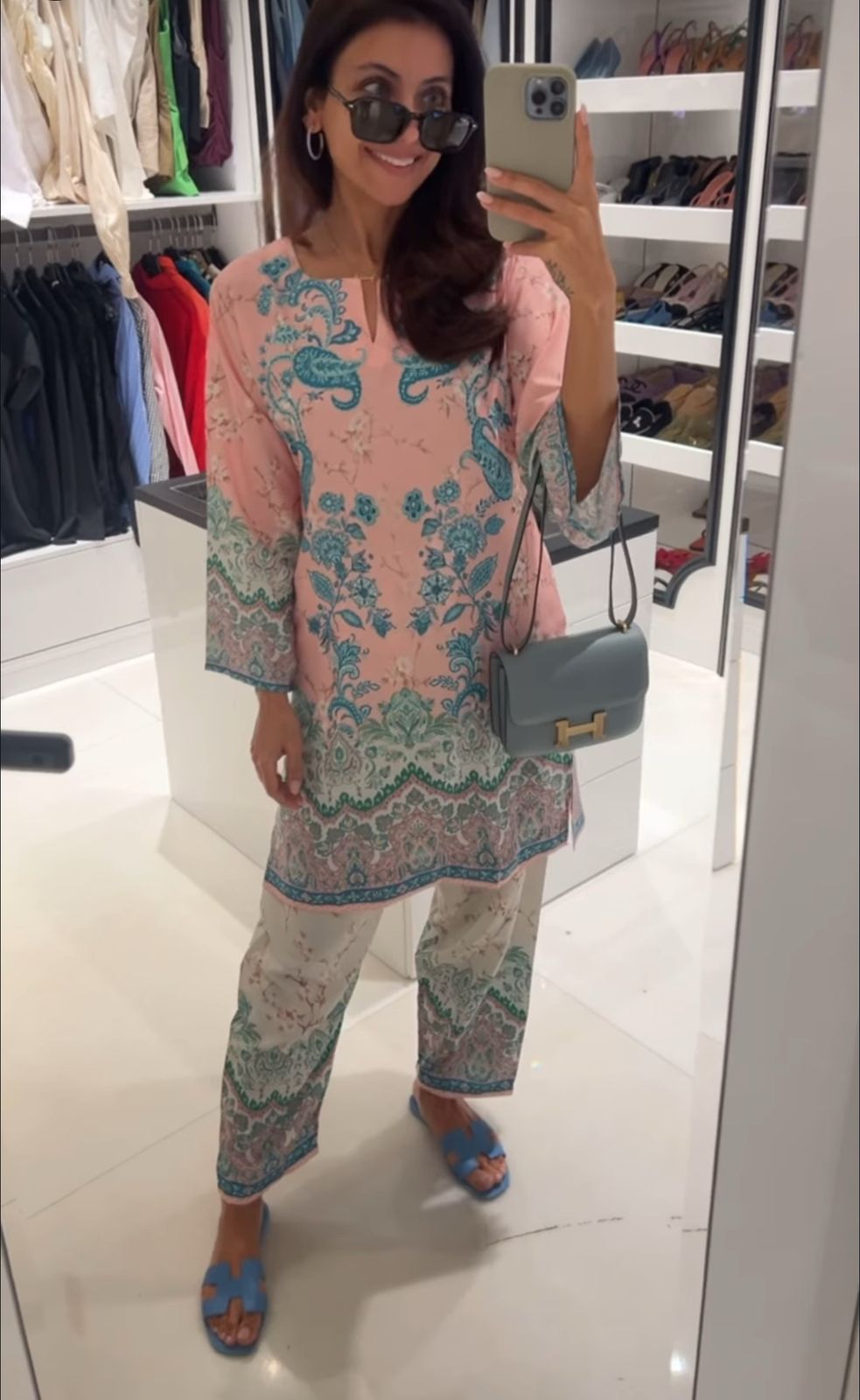 Nriti in Printkari Poly Muslin Co-ord set in Pink & Sky Blue