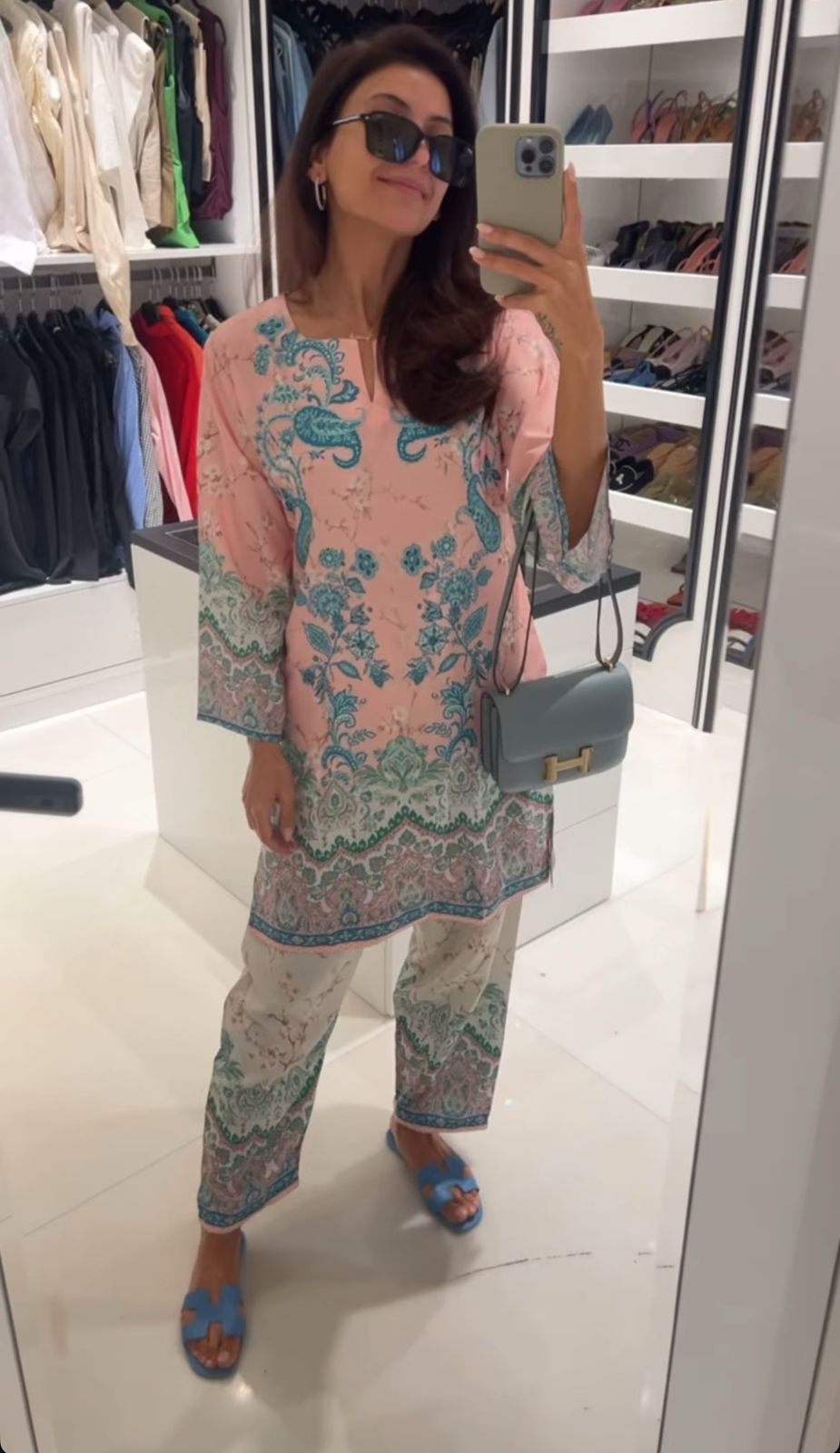 Nriti in Printkari Poly Muslin Co-ord set in Pink & Sky Blue