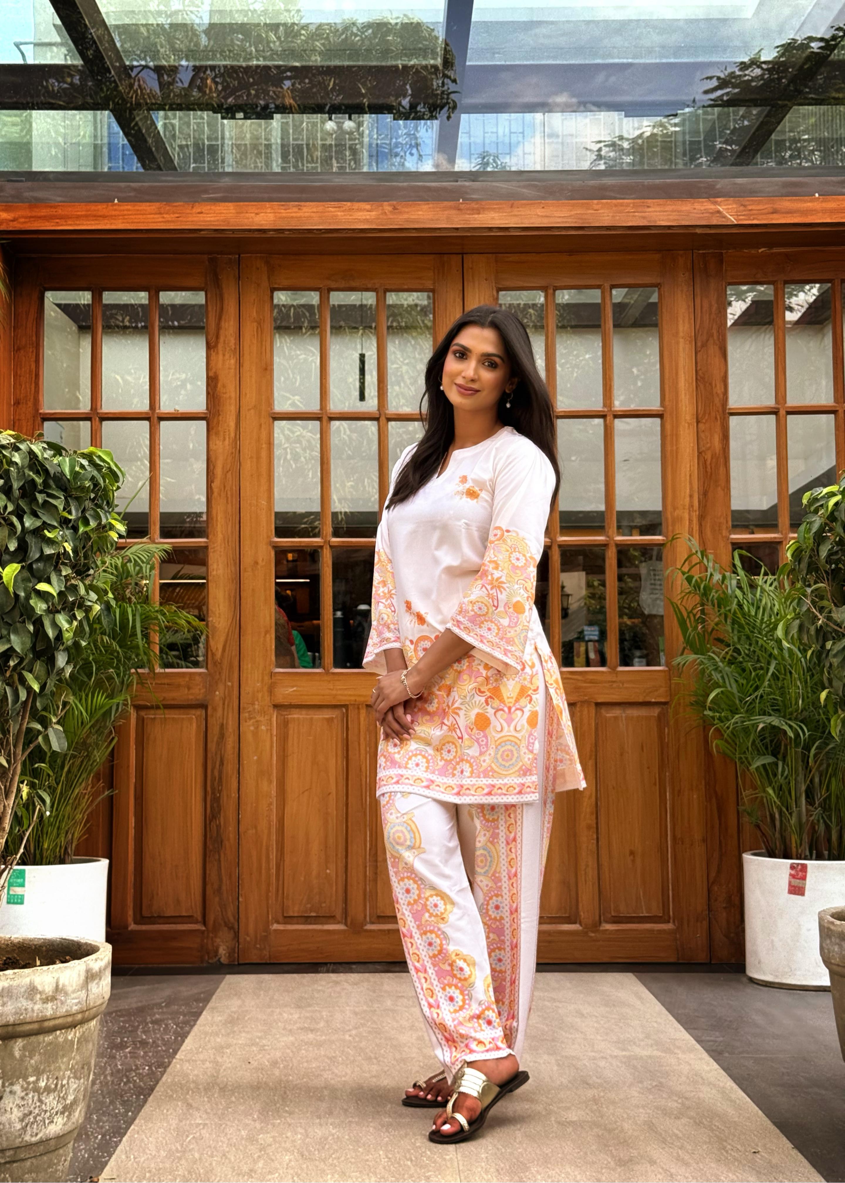 Aditi in Printkari Poly Muslin Co-ord set in Orange