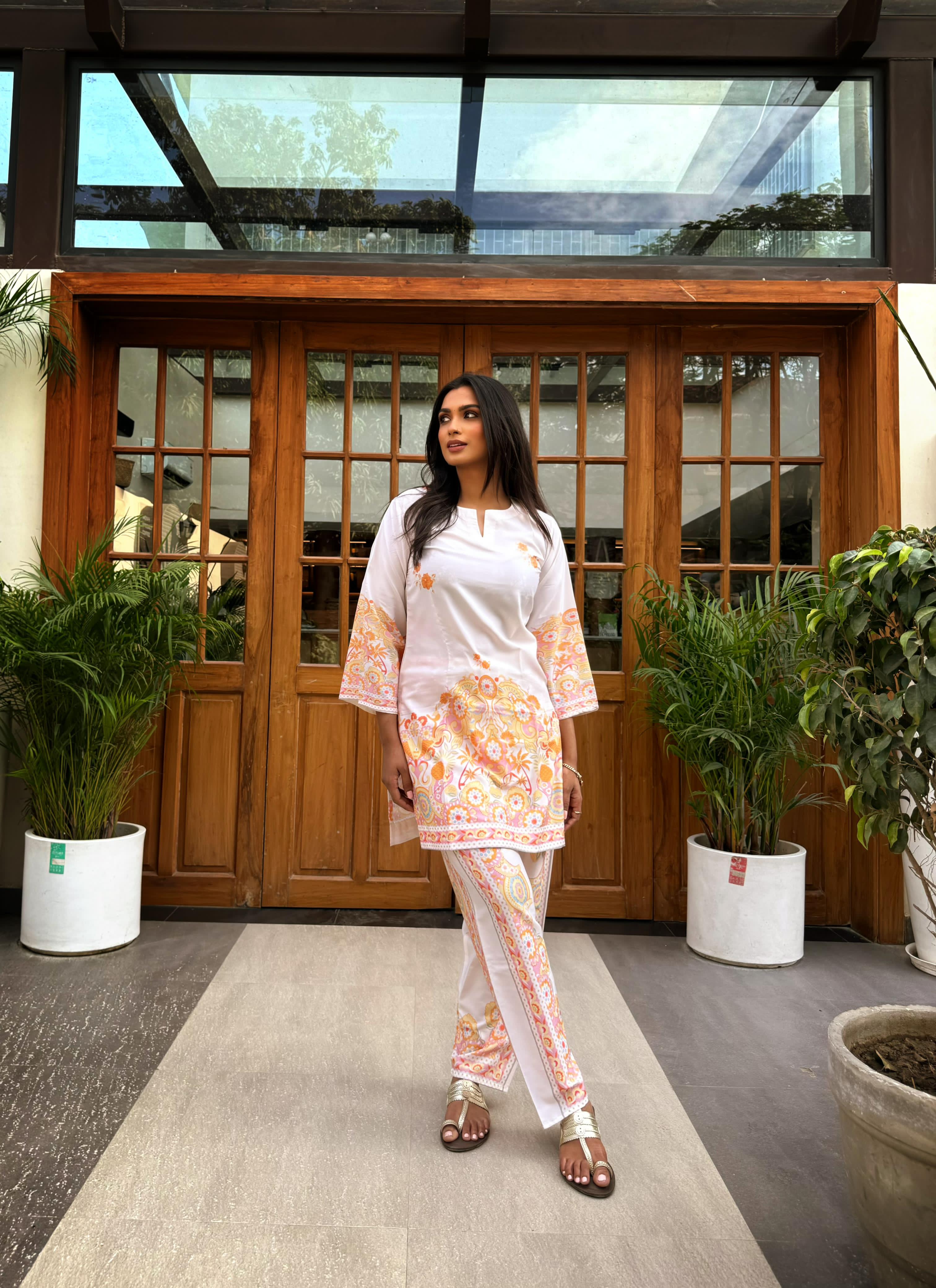 Aditi in Printkari Poly Muslin Co-ord set in Orange
