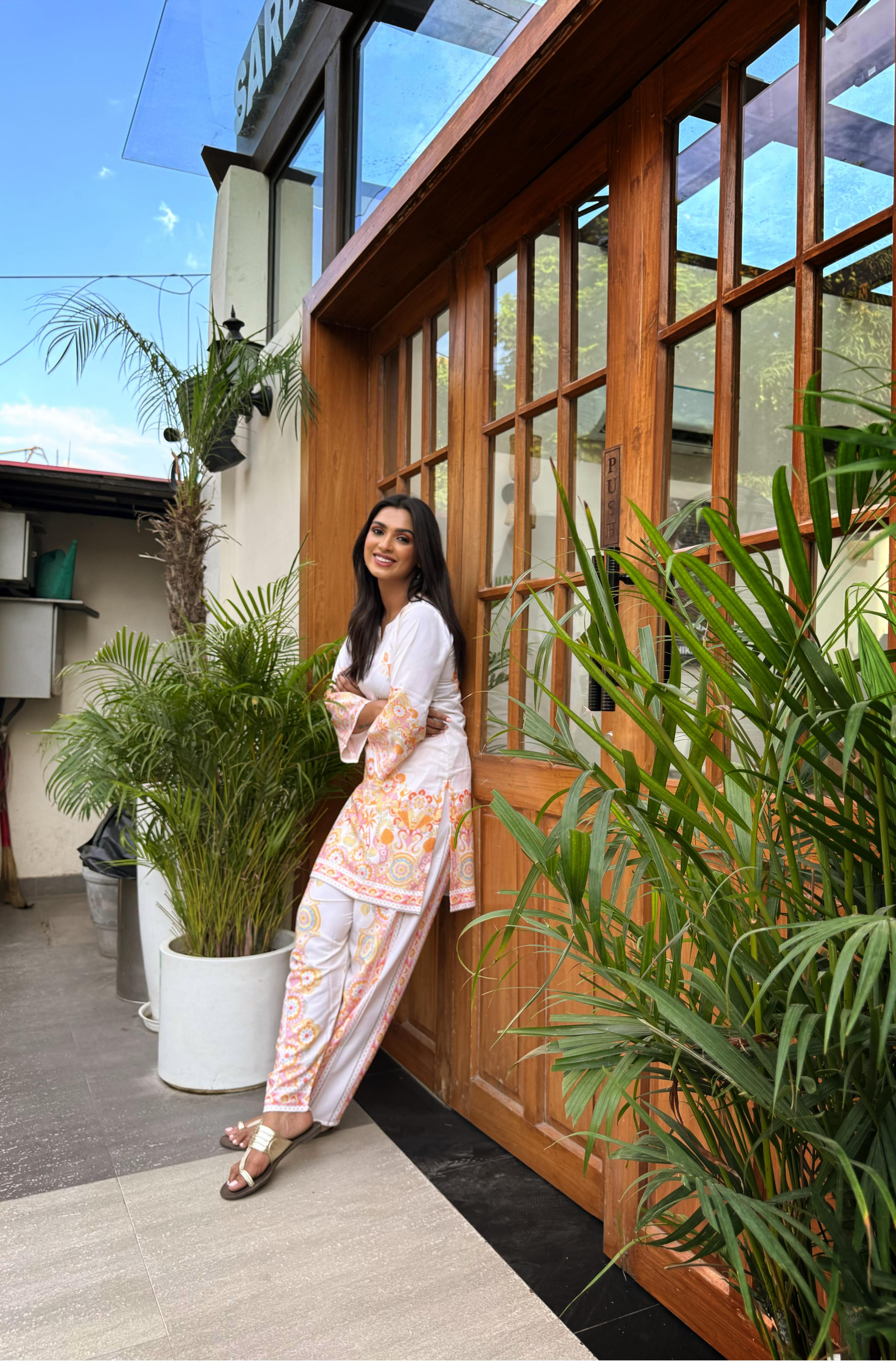 Aditi in Printkari Poly Muslin Co-ord set in Orange
