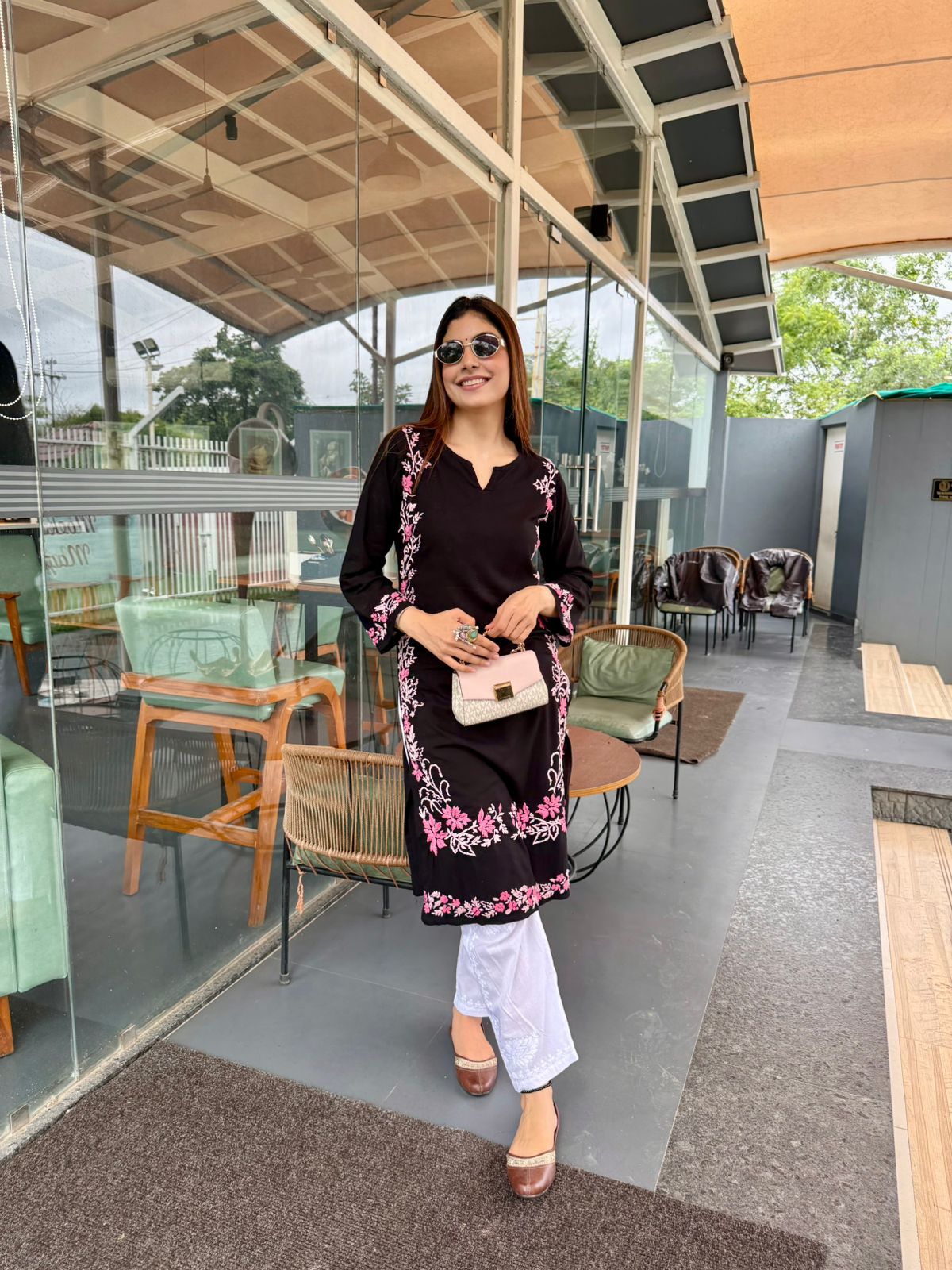 Taniya in Rayaon Chikankari Kurta in Black Pink Hand Embroidery
